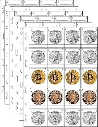 MUDOR Páginas de monedas de 20 bolsillos para coleccionistas, páginas estándar de colección de monedas de 9 agujeros que se adaptan a la mayoría de