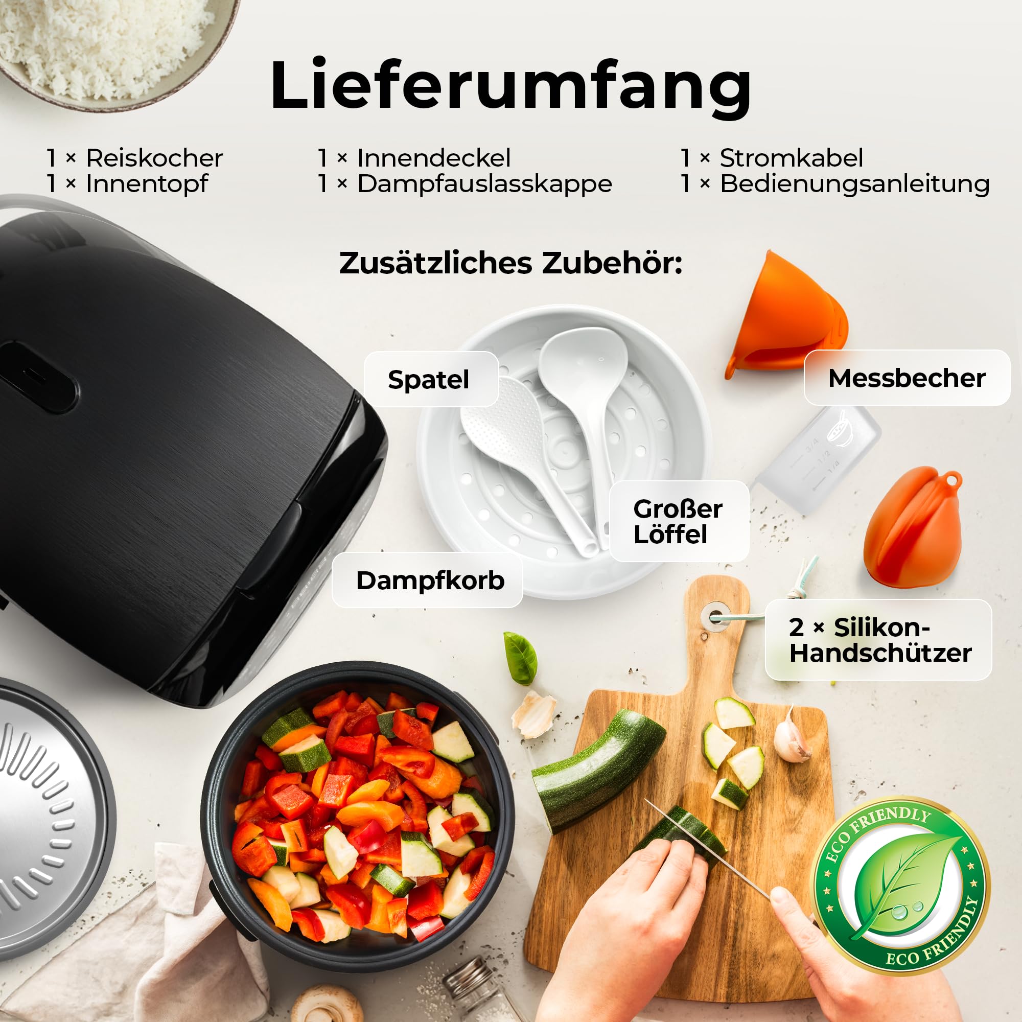 Balter Reiskocher, Multikocher mit 18 Programme, 4L Rice Cooker, Multicooker, Fuzzy-Logic, Dampfgarer & Slow Cooker, Warmhaltefunktion & Timer, inkl. Premium Topf, Zubehör & Rezeptbuch, klein