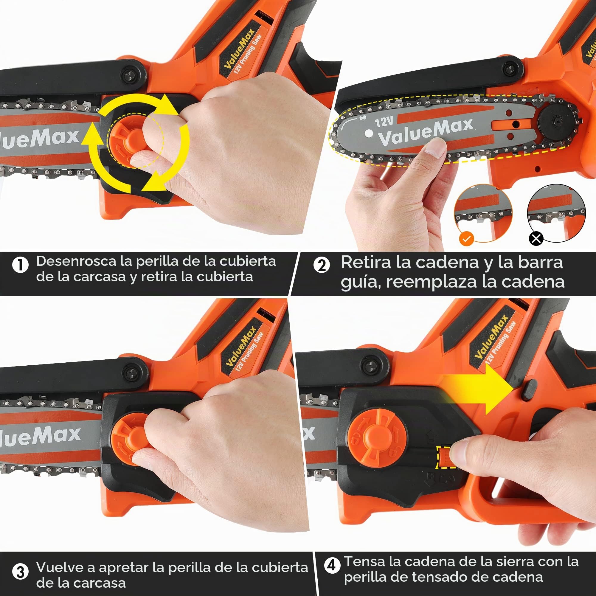 ValueMax Mini Motosierra Inalámbrica 12V, 11cm | Motosierra Portátil con 2 Baterías, Cargador y Bloqueo de Seguridad para Árboles, Ramas y Trabajos de Jardinería