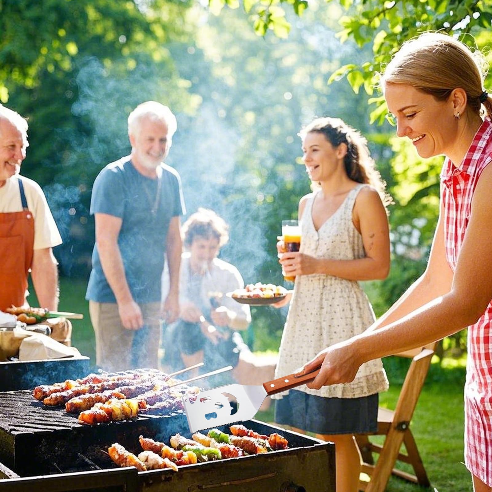 Spatule Barbecue 7 en 1, Ustensiles barbecue avec spatule, Accessoires de Barbecue Extra Longs, Meilleurs Cadeaux de Barbecue pour Hommes Uniques, Couverts de barbecue multifonctions avec manche