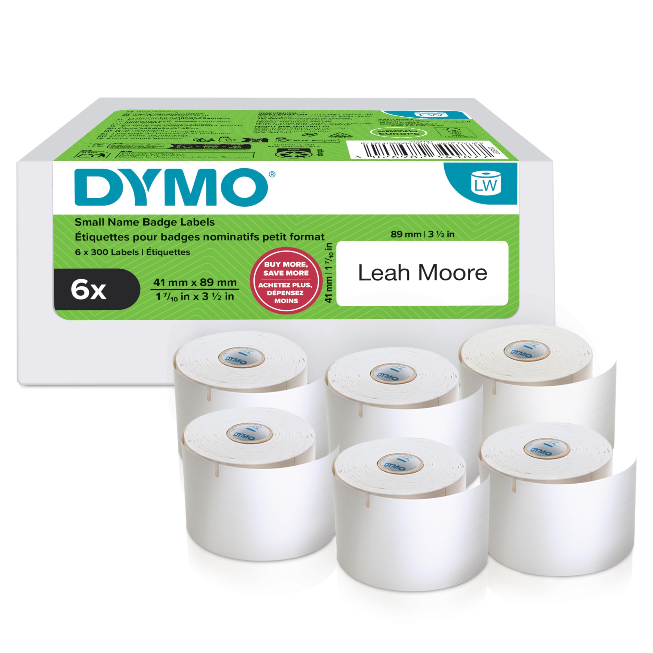 DYMO LW etiquetas auténticas de tarjeta de identificación pequeñas | 41 mm נ89 mm | 6 rollos de 300 etiquetas con reverso fácil de retirar (1.800 unidades) | para etiquetadoras LabelWriter