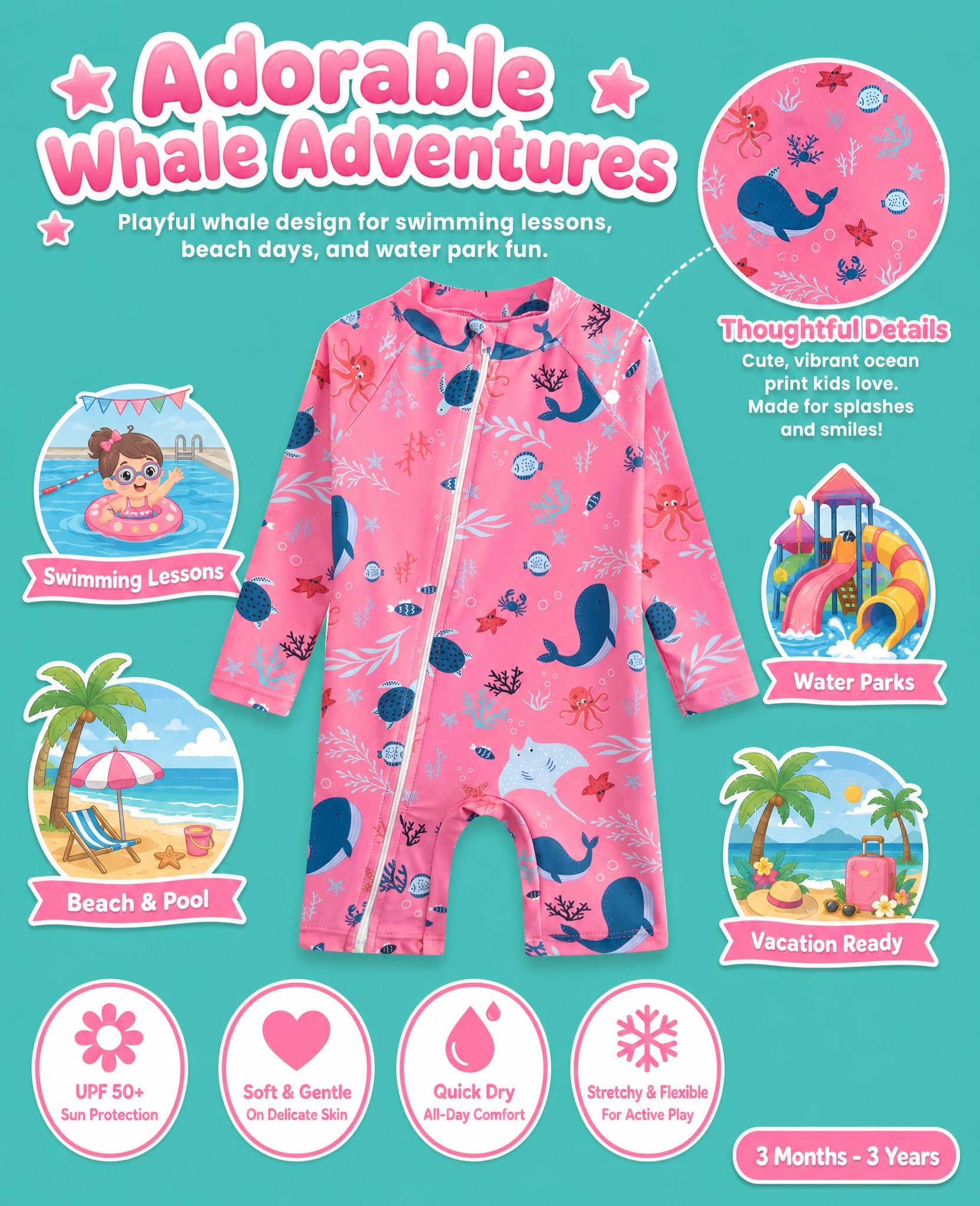 DivingBirds Costume da bagno intero per bambina, a maniche lunghe, con cerniera obliqua e cappuccio