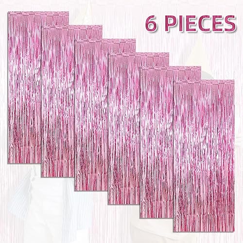 Miniatura 2 de Paquete de 6 cortinas de fondo de flecos de papel de aluminio, 3.28 x 8.2 pies, serpentinas de oropel rosa, cortinas de flecos metálicos de oropel