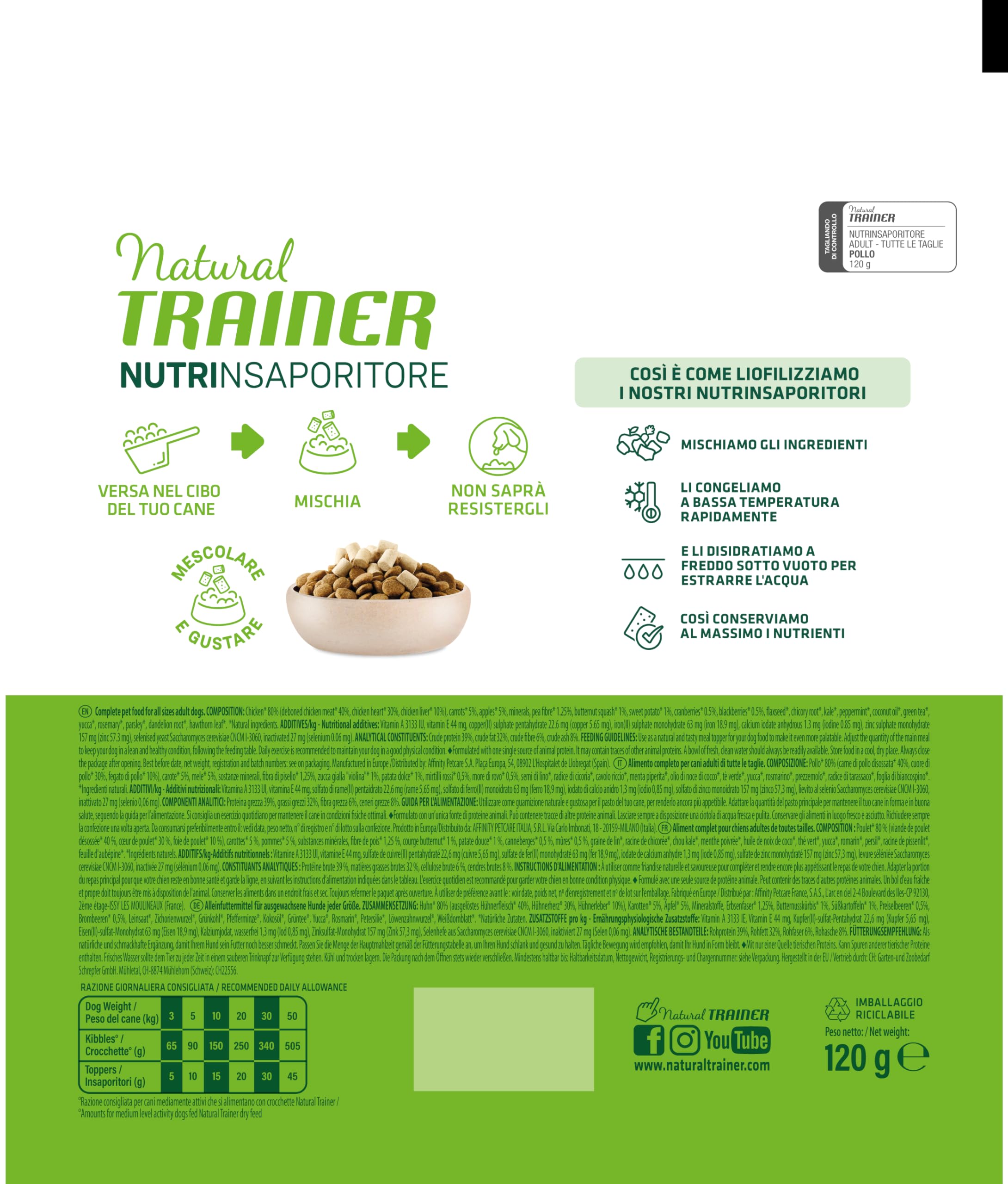 Natural Trainer Toppers - Cibo Completo per cani adulti di tutte le taglie con Pollo - 7 x 120g