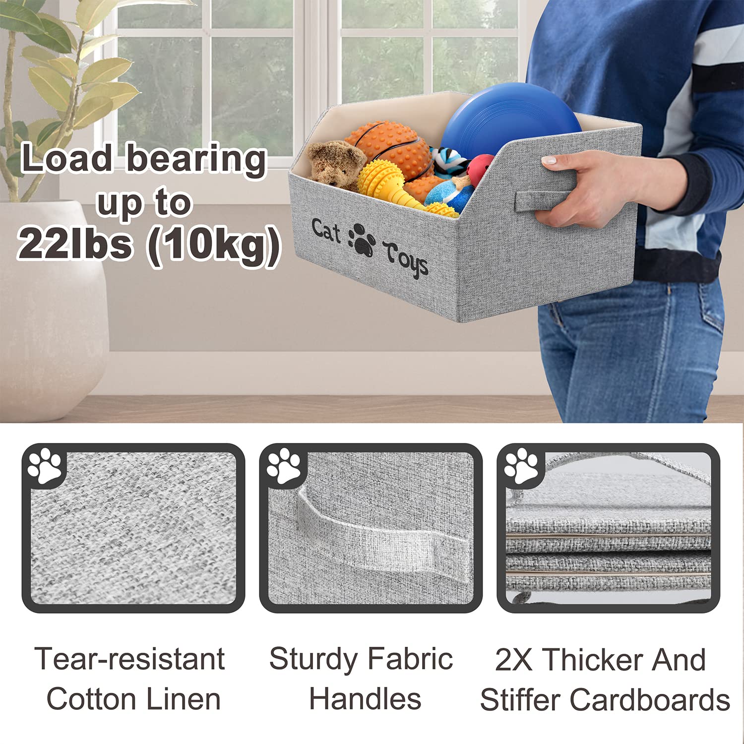 LOVSTORAGE Large Cat Toy Box Cat Toy Storage Basket 2X Thicker Foldable Sturdy Pet Toy Storage Bin Bed for Organizing Pet Toys Treats Clothes and Accessories(Grey) - Image 3