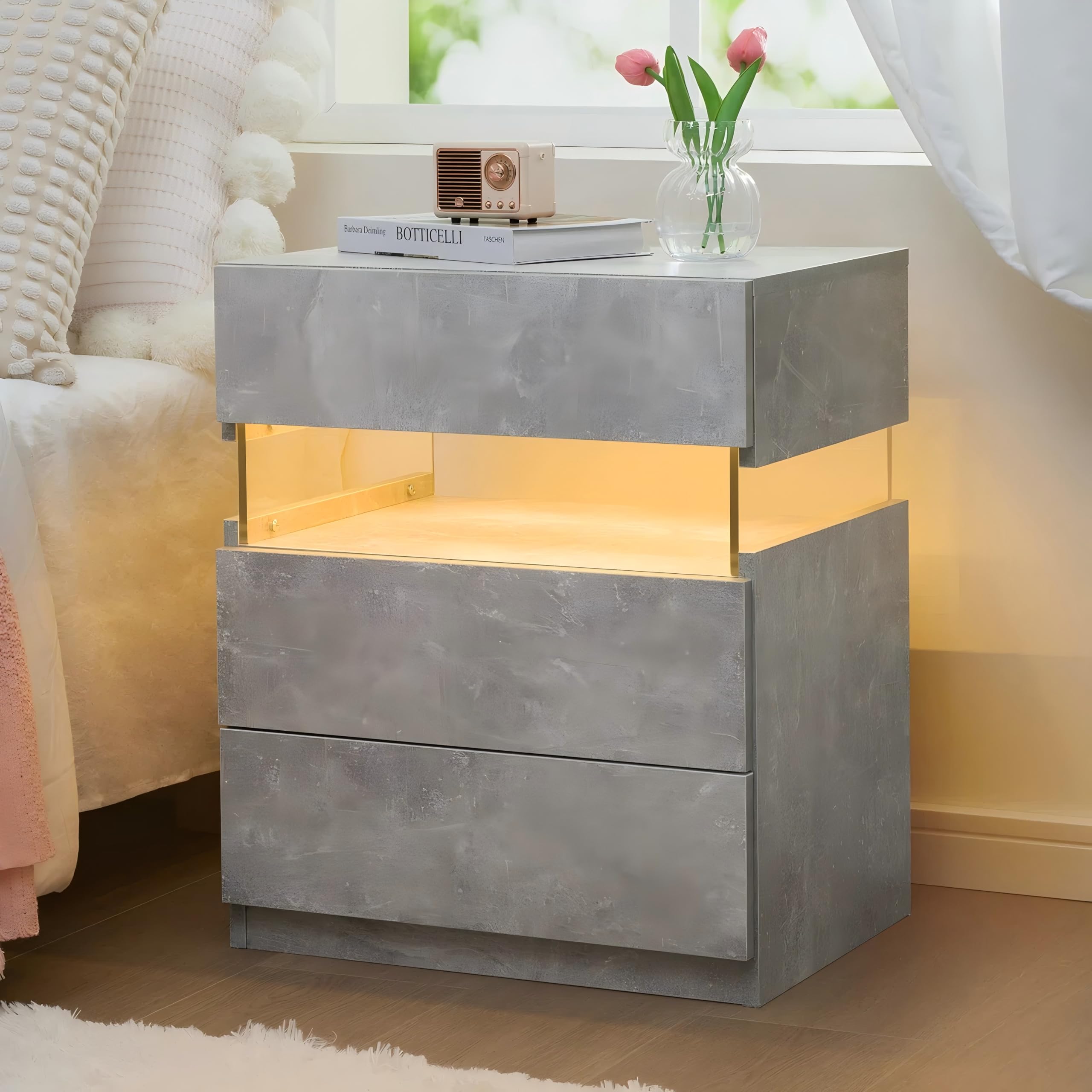 Cubehom Nachttische Nachtkästchen mit LED-Beleuchtung Morden Beistelltisch Ablagetisch Nachtschrank mit 3 Schubladen für Schlafzimmer, Wohnzimmer,Grau