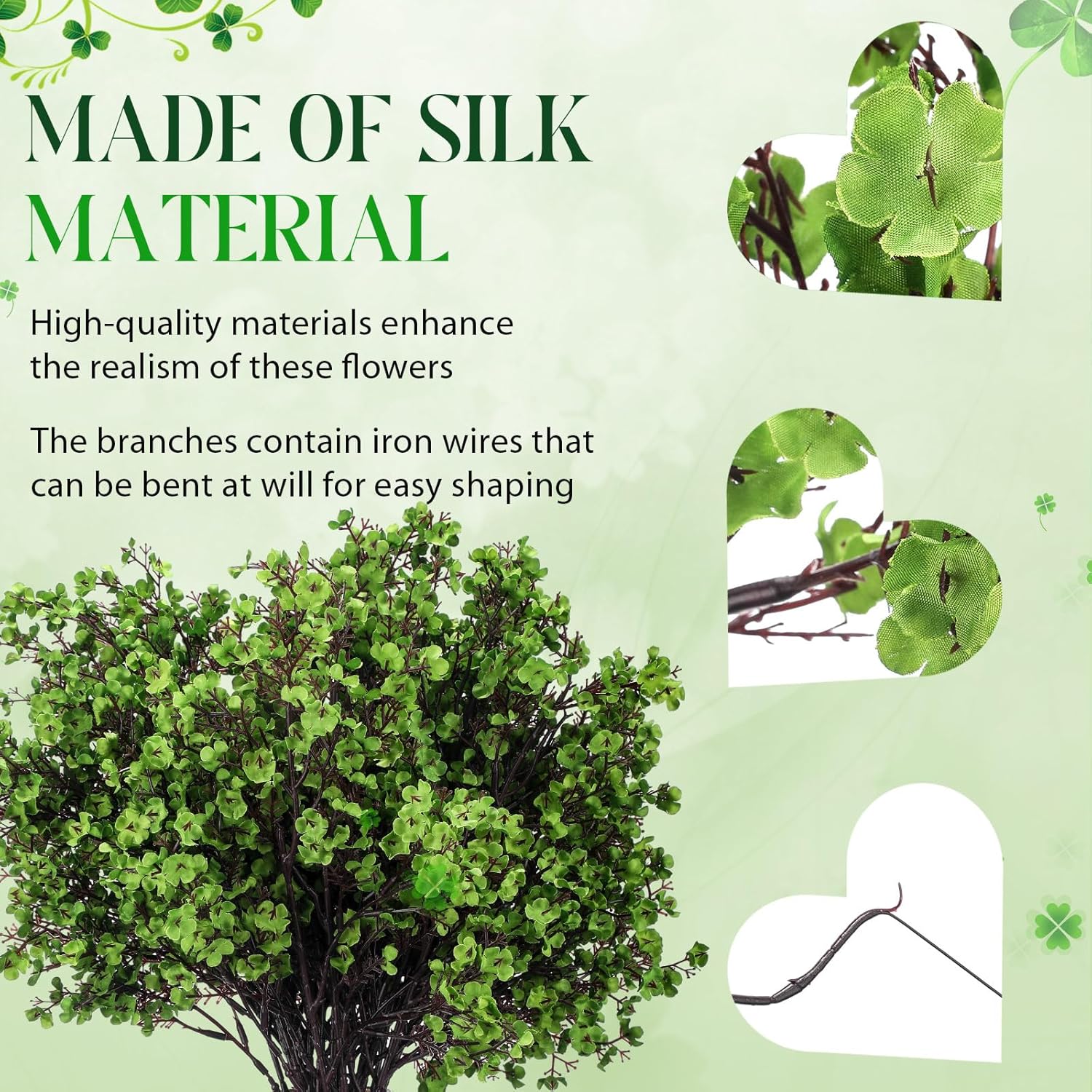 XunYee 24 Pcs St. Patrick's Day Decorations Irish Lucky Clover Shamrock Babys Breath Flowers 19.6" Green Artificial Gypsophila Bouquet Fake Silk Plants Flowers Bouquets for Spring Home Decor
