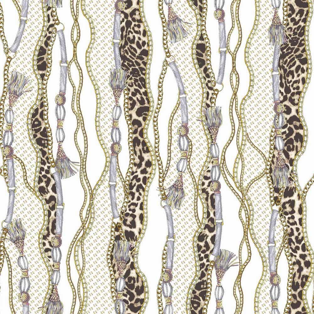 Off White Gold Leopard Braids and Chains Printed Wool Dobby Fabric