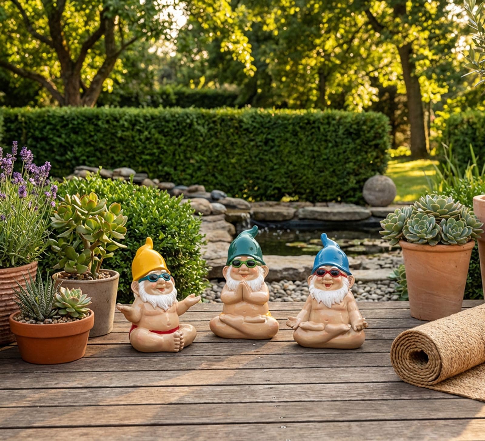 formano Set di 3 nani da giardino, yoga, 17 cm, in pietra artificiale, dipinta a mano, divertente decorazione da giardino per giardino, terrazza, balcone, giardino con superficie lucida, nani