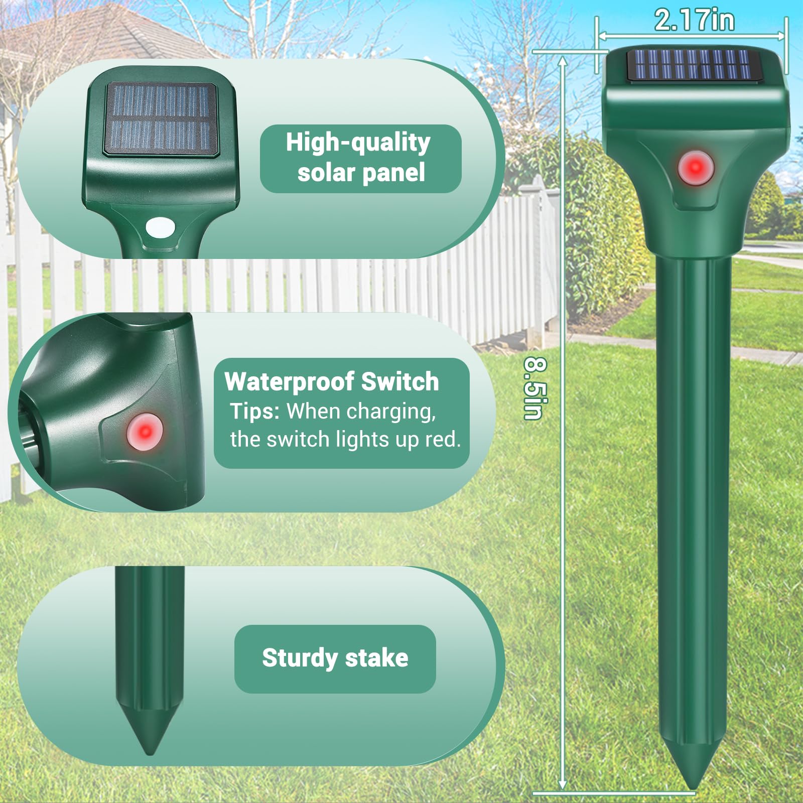 Confezione da 4 repellenti per talpe ad energia solare, IPX7, impermeabili, ad ultrasuoni, deterrente per talpe soniche da cortile, per sbarazzarsi di arvicole, scoiattoli, marmotte