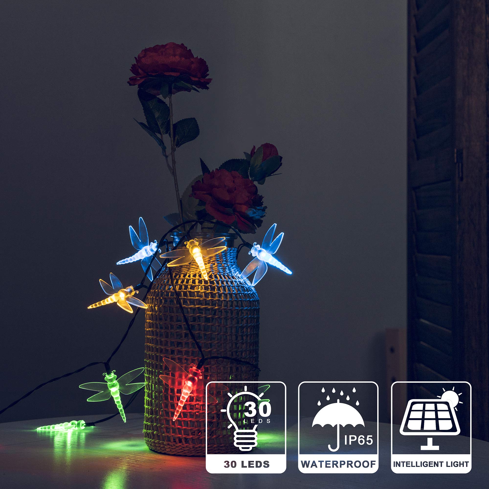 shinymolly Dragonfly Solar Lights Outdoor, 2PACK 19.6FT 30 LED Dragonfly Decorative String Lights, 8 Modes Solar Powered Fairy Lights for Patio Garden Yard Fence Wedding Christmas Party, Multicolor