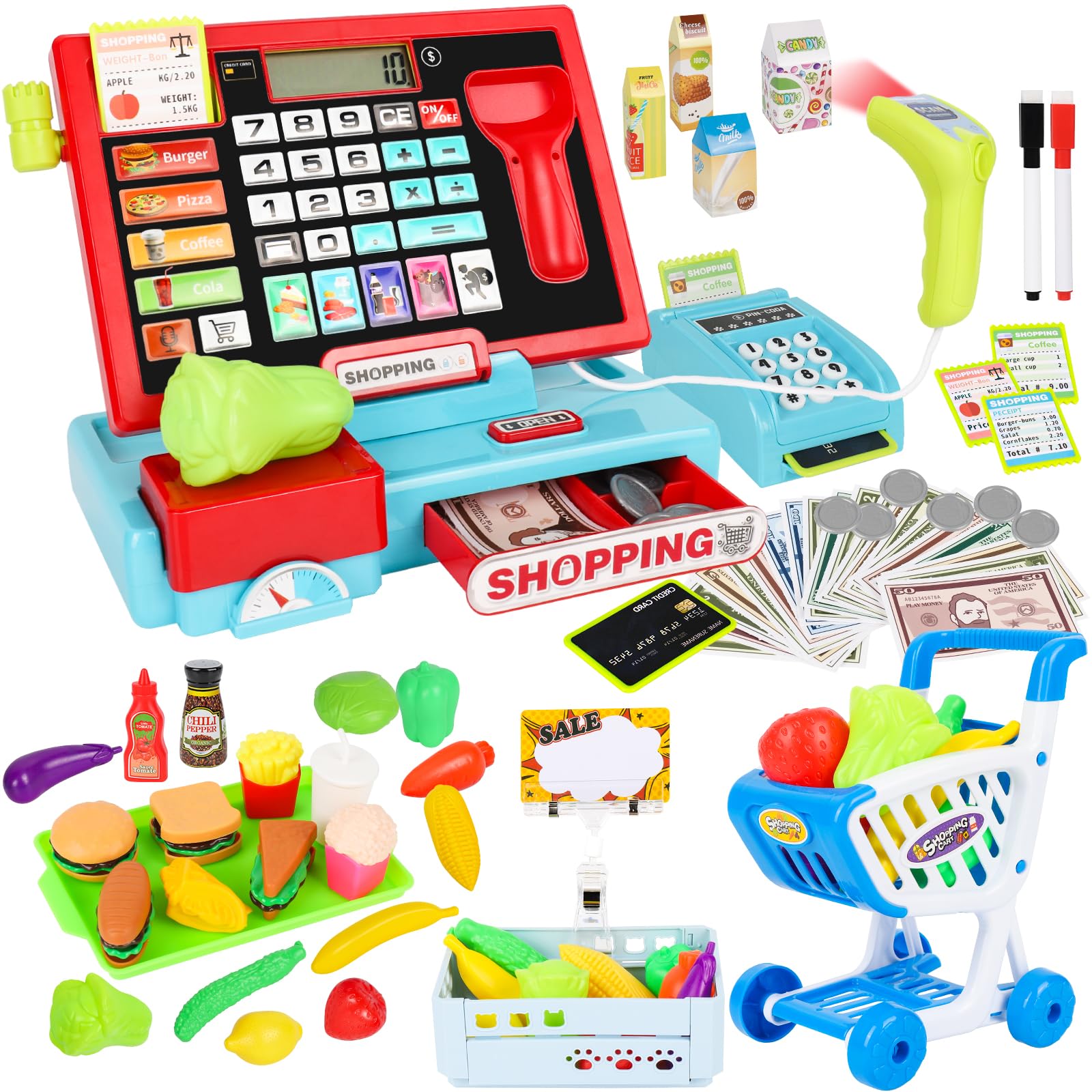 70Pcs Toy Cash Register for Kids Ages 4-8 with Scanner & Shopping Cart, Pretend Play Cash Register Playset for Girls Boys Toddler Grocery Store Set Christmas Girls for 3+ 4 5 6 7 8 Year Old