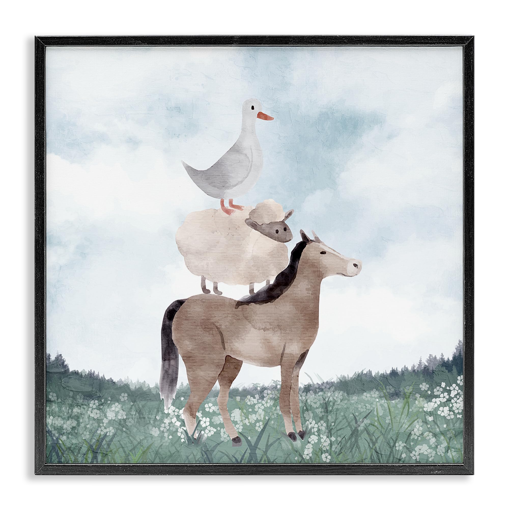 Stupell Industries Pastoral Farm Animals Scene 'Muted Blue Sky Farm', Framed Giclee Art, Black, 17 X 17 Inches, Easy To Hang And Sturdy, Made In Usa, By Kim Allen