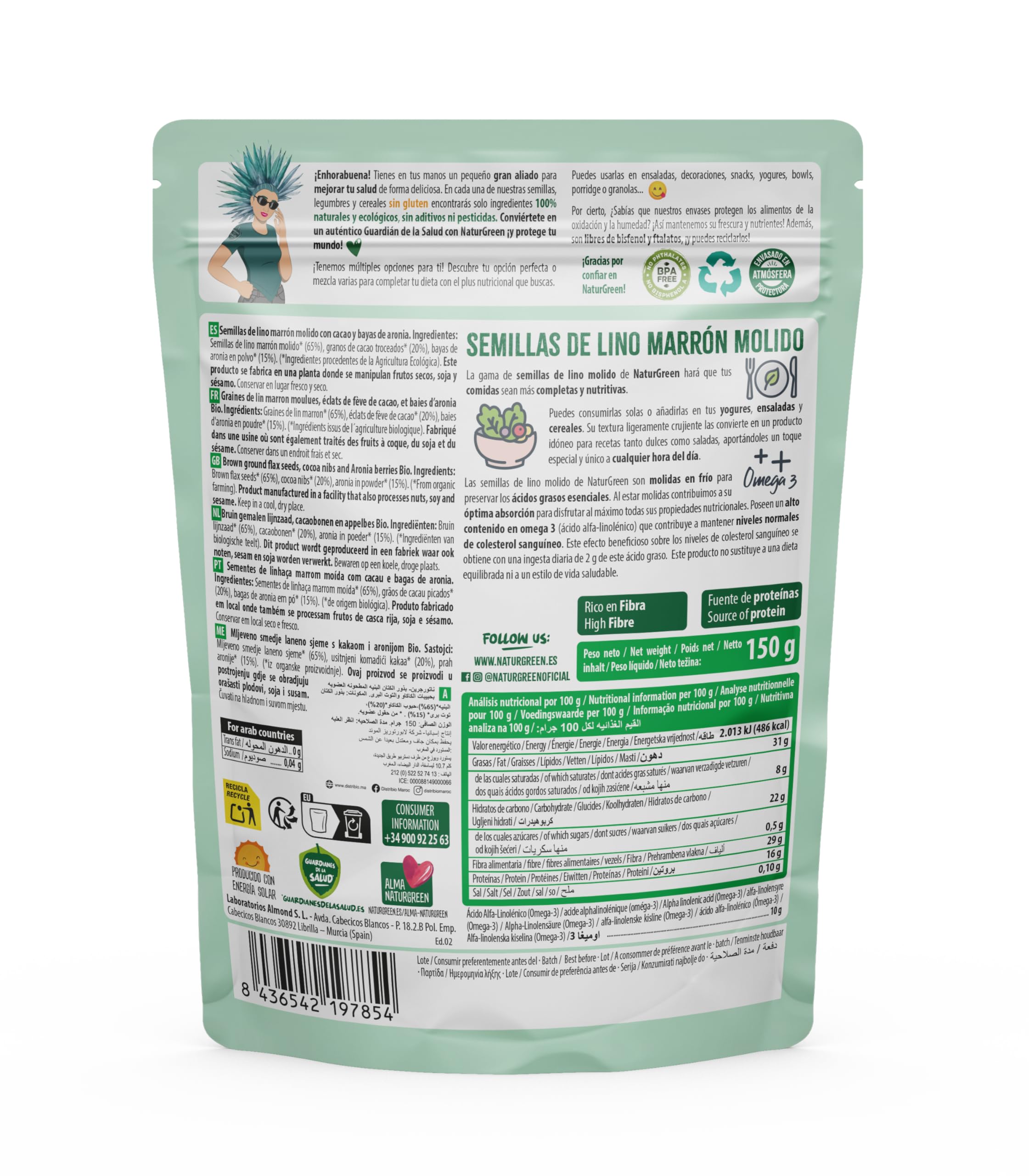 NaturGreen - Semillas de Lino, Nibs de Cacao y Aronia Bio, 150 g, Mix Ecológico Rico en Fibra y Antioxidantes, Ideal para Yogures, Batidos, Desayunos o Postres, Vegano y Sin Lactosa
