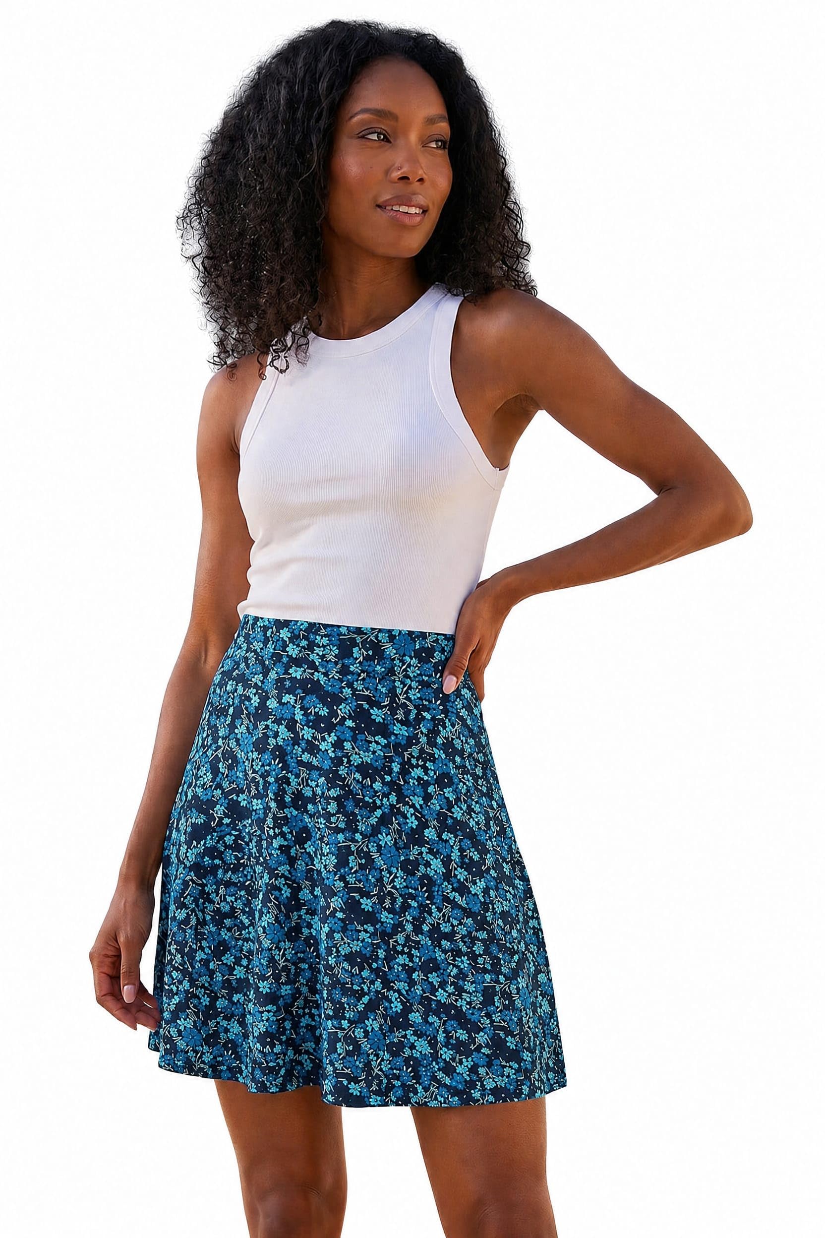 Roman Women's Blue Floral Stretch Skater Skirt In Size 14