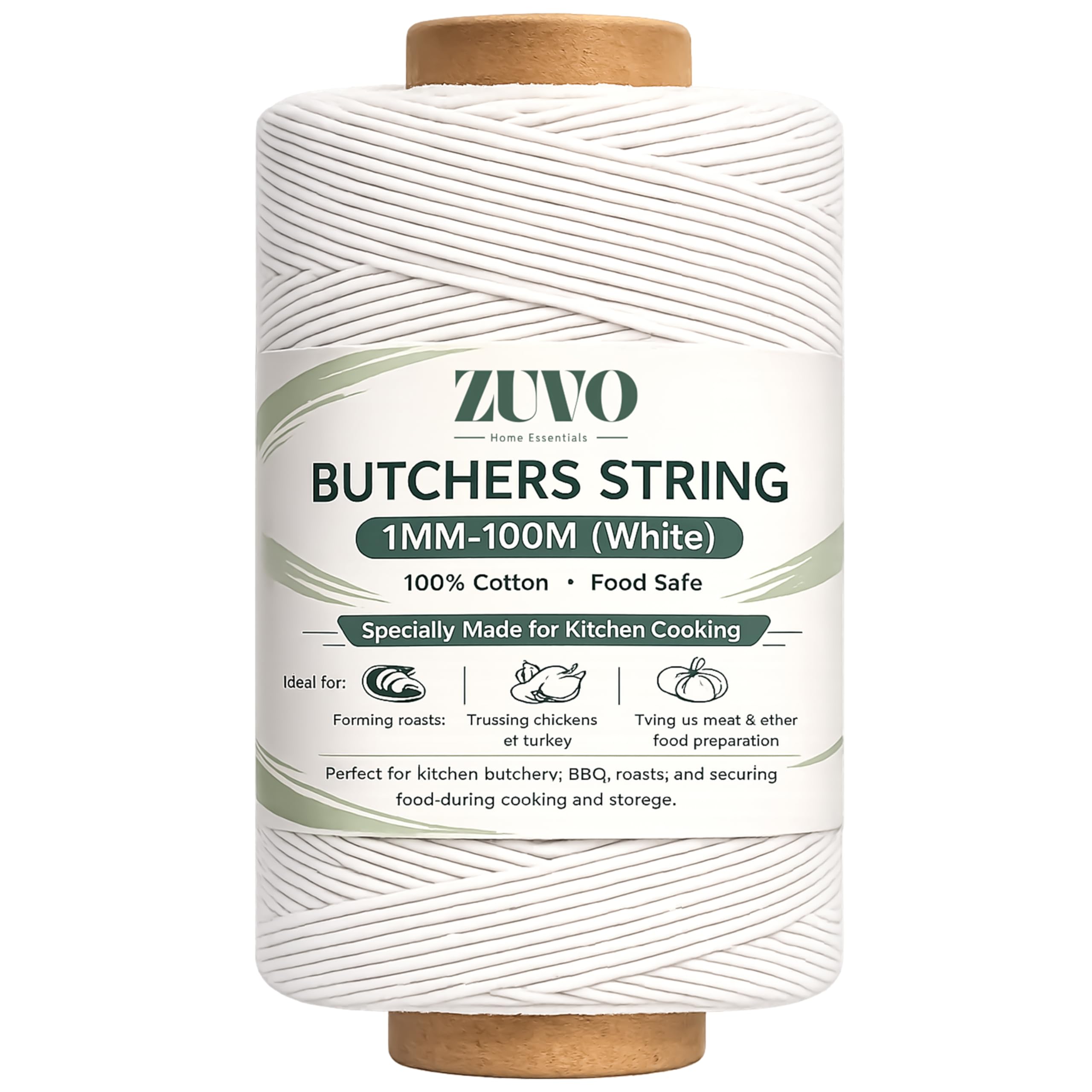 Zuvo Butchers Twine 100m – White Cotton Cooking String for Meat, Turkey & Roasts | Kitchen Twine for Trussing, Baking & Sausage Making | Food Safe Cotton Twine