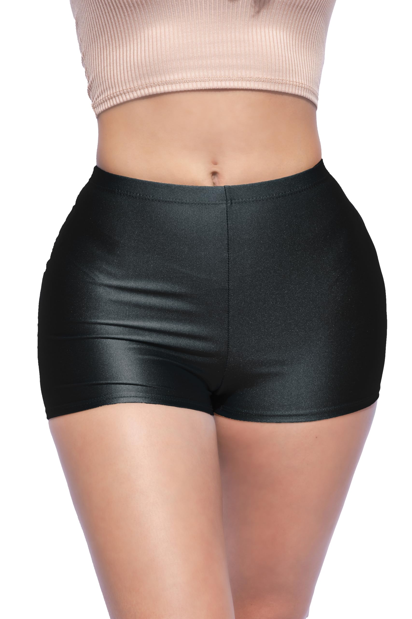 Shiny Shorts High Waist Hotpants Stretch Lightweight Comfy Short Length Neon Dance Shorts Wet Look Disco Party Rave Black X-Small