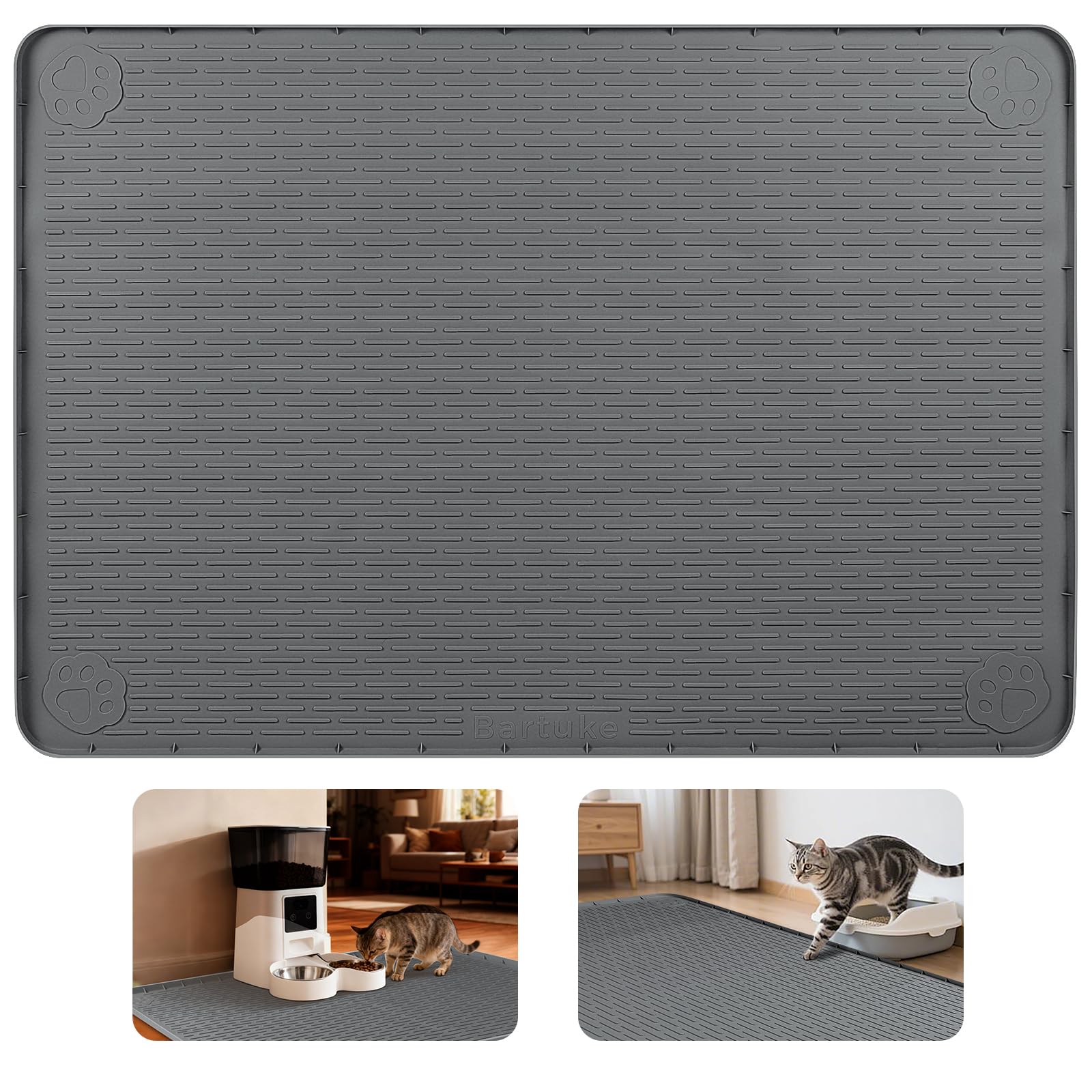 Bartuke Cat Food Mat, 50" x 35" Extra Large Silicone Pet Feeding Mat with Raised Edge Pet Placemat for Food and Water Bowl Non-Slip, Easy to Clean, Floor Protection (Dark Grey) โ image 1