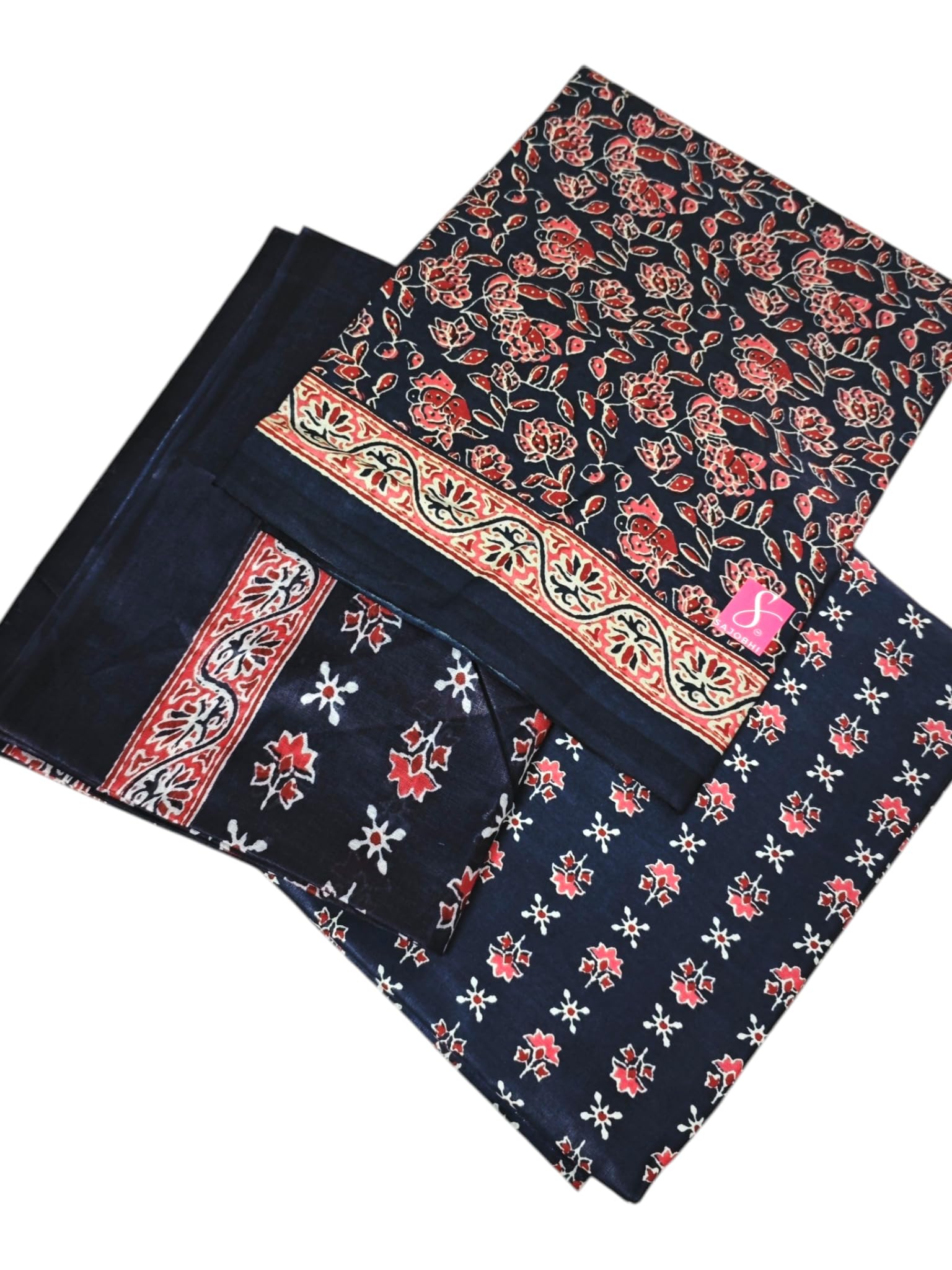 Women's 100% Pure Cotton Unstitched Dress Material | Navy Blue Ajrak Floral Print Salwar Suit Kameez | 3 Piece Set-image-36