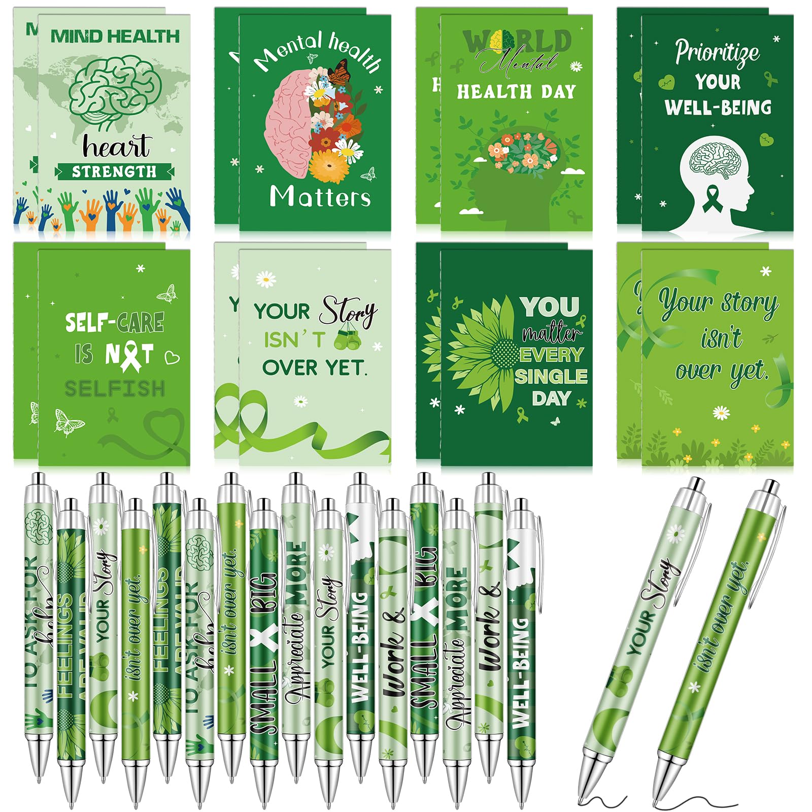 16 Sets Mental Health Awareness Gifts Bulk, 16 Mini Notebooks with 16 Retractable Pens, Mental Health Green Ribbon Pocket Notepads Inspirational Gift for Public Charity Events Office, 8 Styles
