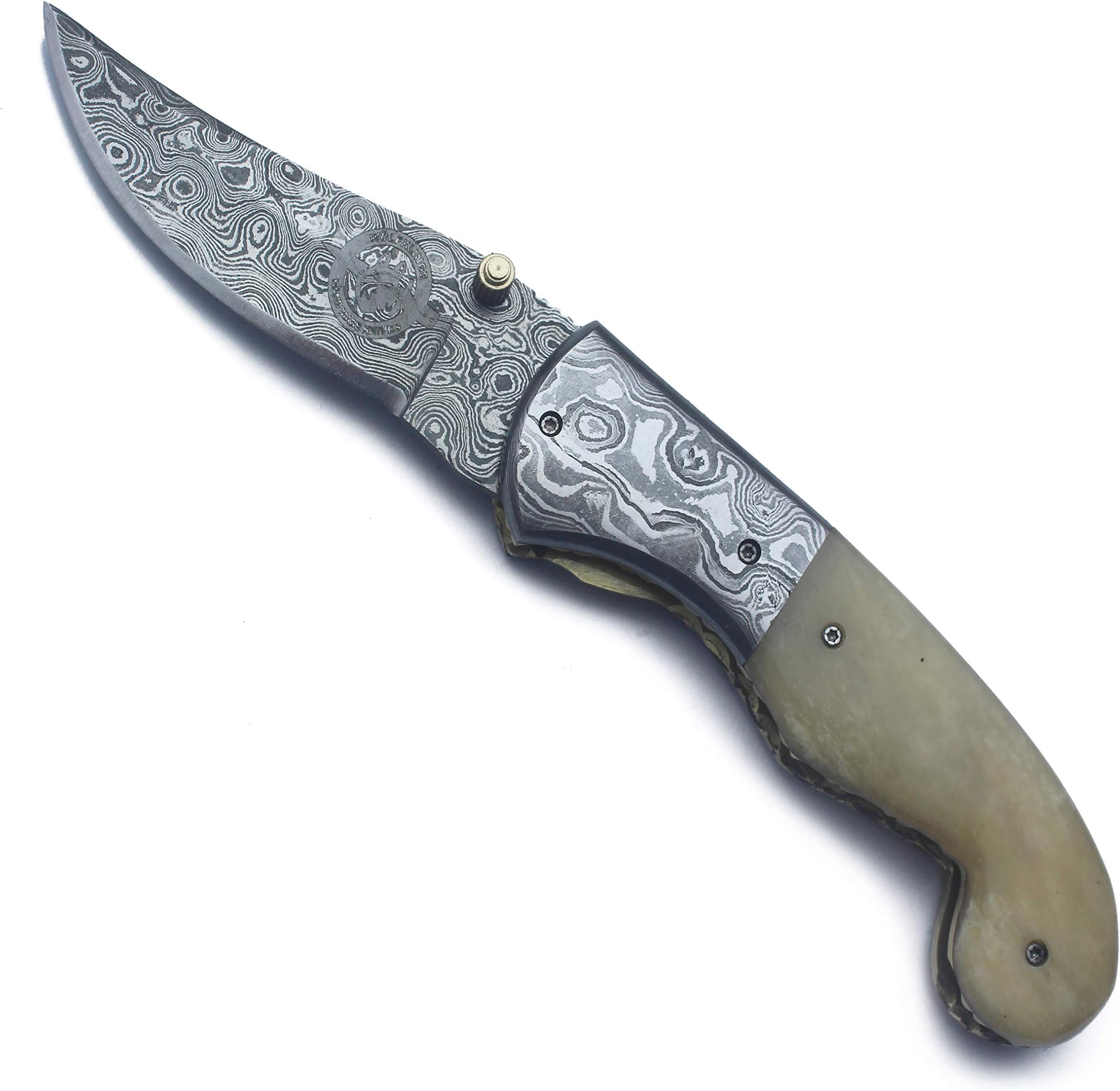 Handmade Damascus Folding Pocket Tatical Knife for Edc,Hunting,Survival,Camping and Fishing with Full Tang Camel Bone Handel and Bufflohide-Leather Sheath For Men and Women (DCF26 - Typhoon)