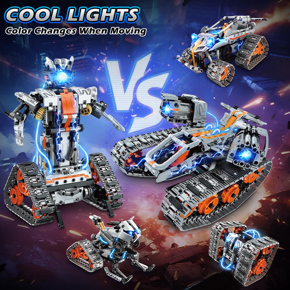 PLAXSOON Technik Bauspielzeug mit LED Lichtern, 5-in-1 App- & Fernsteuerung Panzer Roboter Klemmbausteine, 604 Teile RC Technik Baukasten, STEM Lernspielzeug Geschenk für Kinder Jungen ab 8-12 Jahre