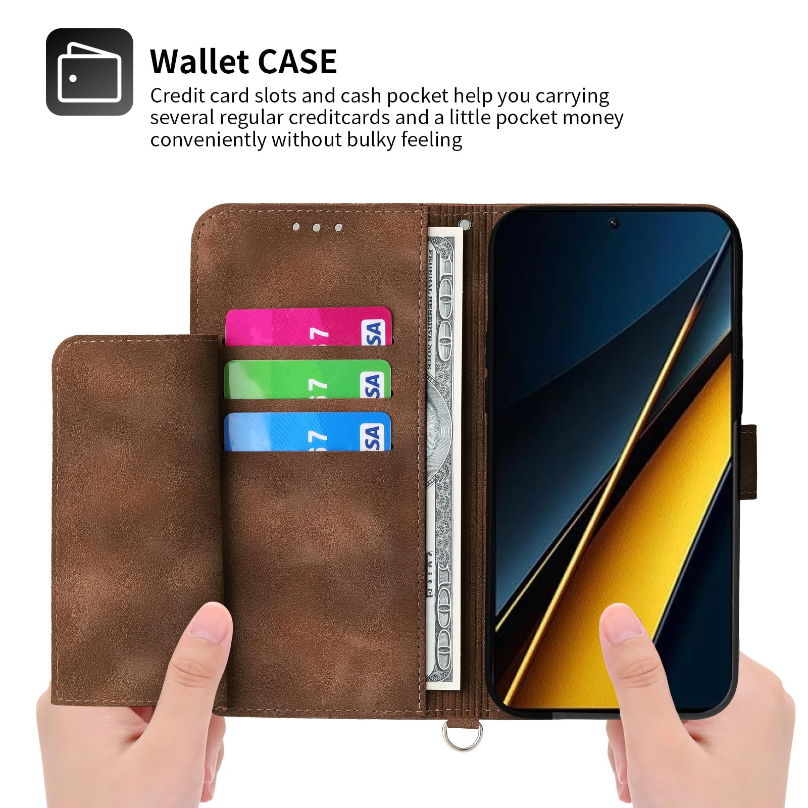 Etui na telefon Auslbin Flower dla Xiaomi Poco X6 Pro 5G/ Redmi K70e 6.67", 5 miejsc na karty Etui ochronne ze skóry PU w stylu vintage dla Poco X6 Pro 5G/ K70e, brązowy