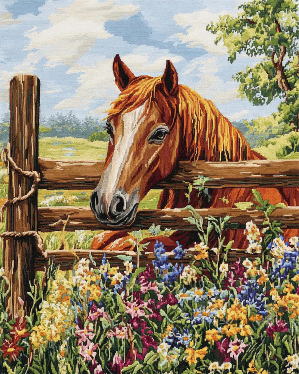 AMBATTERY Animal Tapestry Kit Horses and Flowers Cross Stitch Rug Making Kit，Carpet Crochet Kits Embroidery Set Needlework Crafts for Home Decor 23x35in