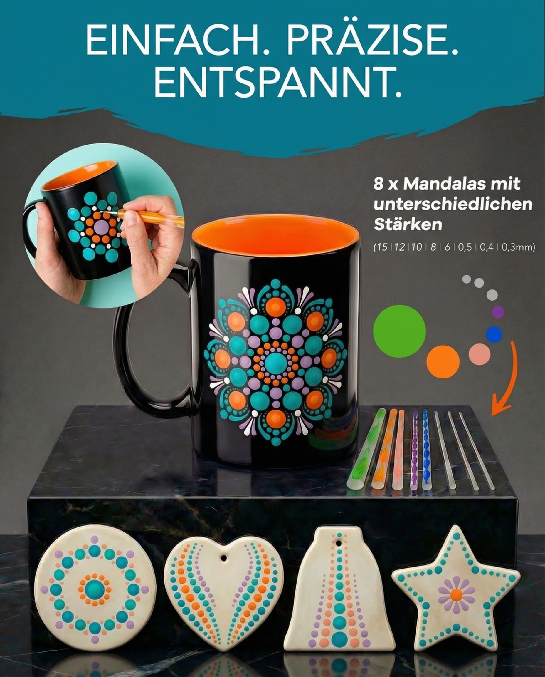 Keramik Bemalen Set mit 3 Tassen,Farben,Stiften & Zubehör | 2 weiße und 1 schwarze Effekt-Tasse,13 Acrylfarben,12 Porzellanstifte,4 Pinsel Künstler und Mandala-Werkzeuge