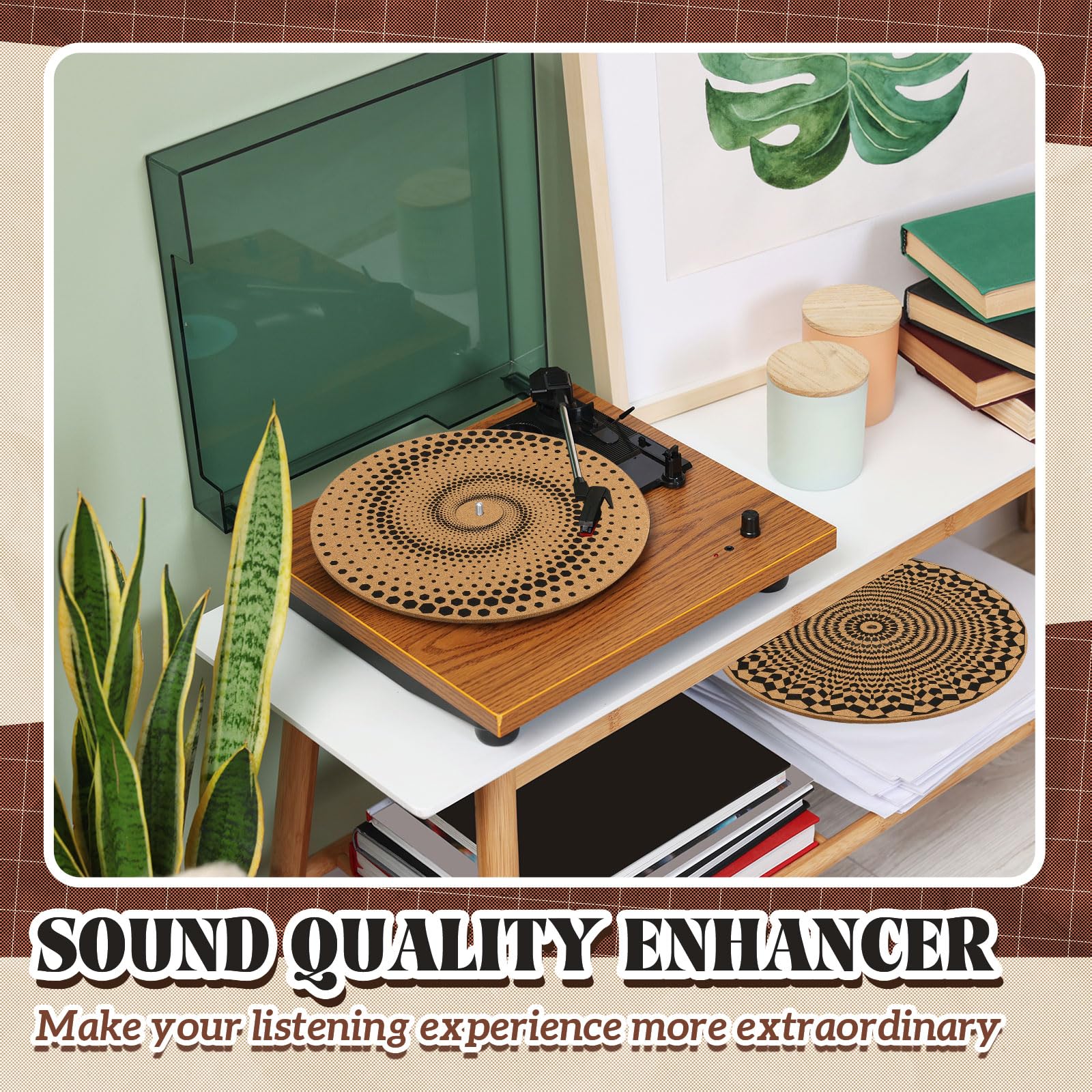 Briwooody 2 alfombrillas de corcho para tocadiscos de 3 mm de grosor para un mejor soporte de sonido en tocadiscos de vinilo LP de 11.8 pulgadas, tapete giratorio psicodélico geométrico para discos de