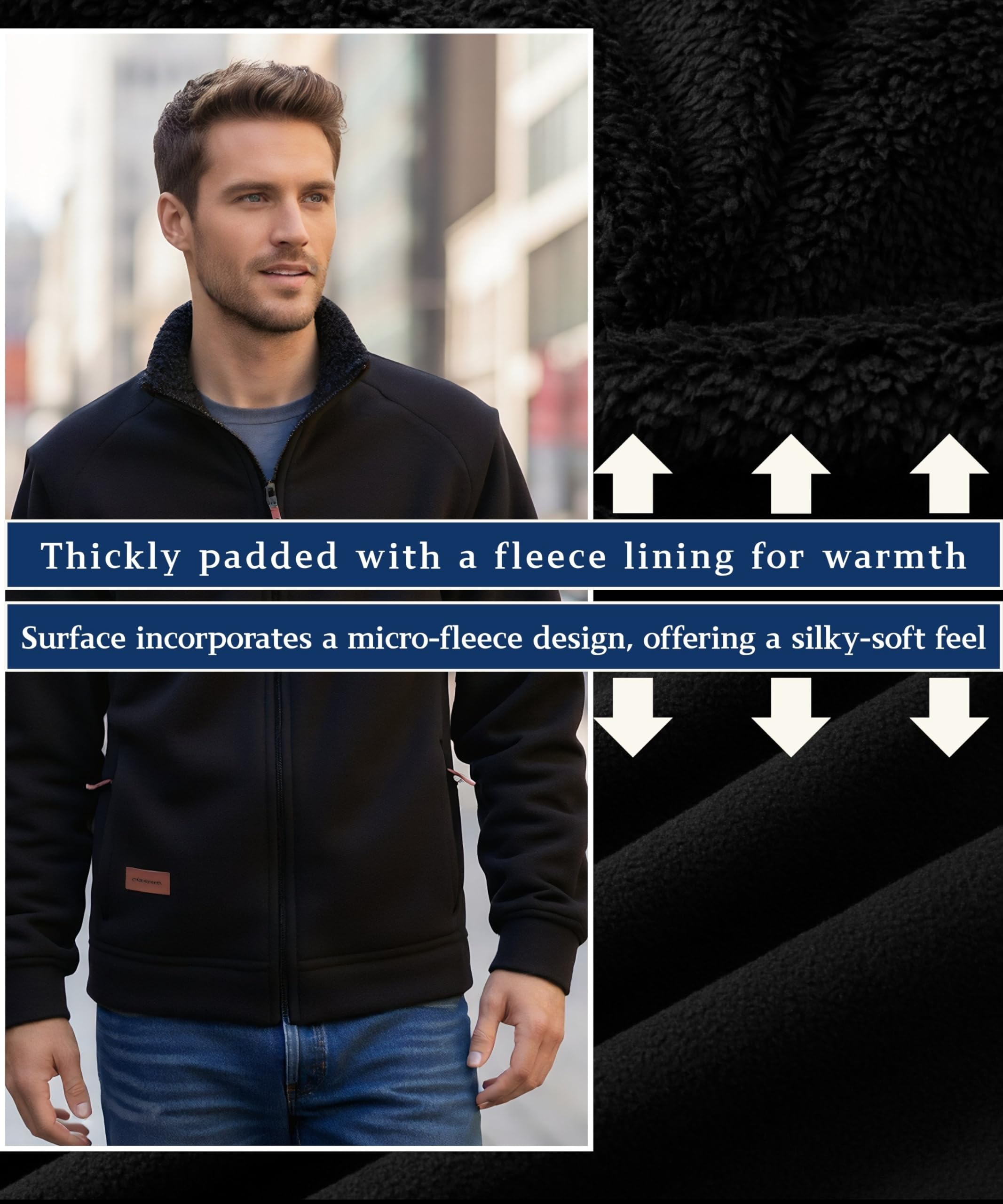 Veste Hiver Polaire Homme Col montant Chaude Veste Légère Coupe-vent Manteau avec poches zippées Manteau de Randonnée pour course loisirs
