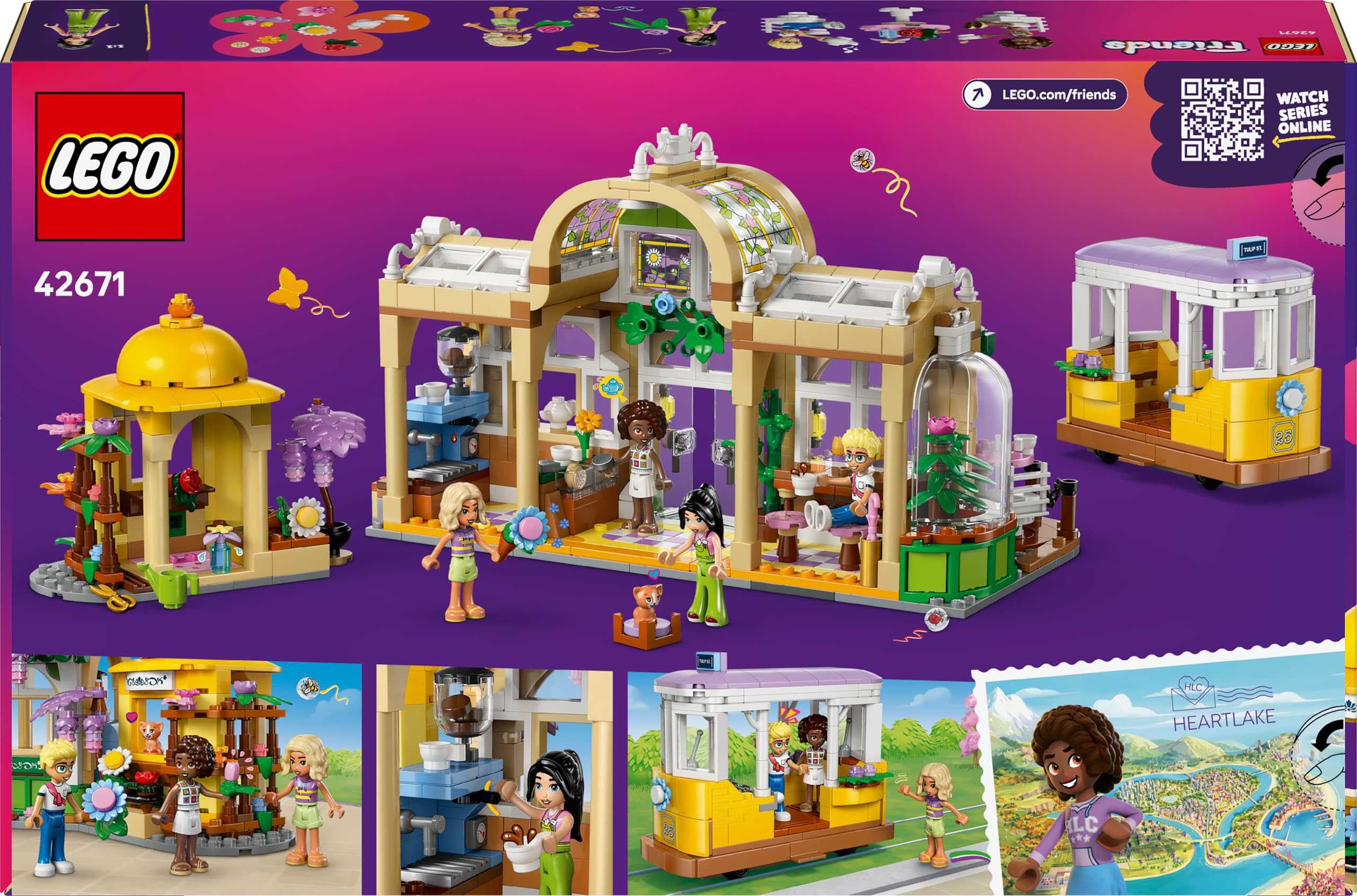 LEGO Friends Caffè delle Piante e Negozio di Fiori - Giocattolo con 4 Mini Bamboline, Gatto Domestico, Tram, Accessori da Cucina come Pasticcini, Tazze e Teiera - Regalo per Bambine da 9 Anni - 42671