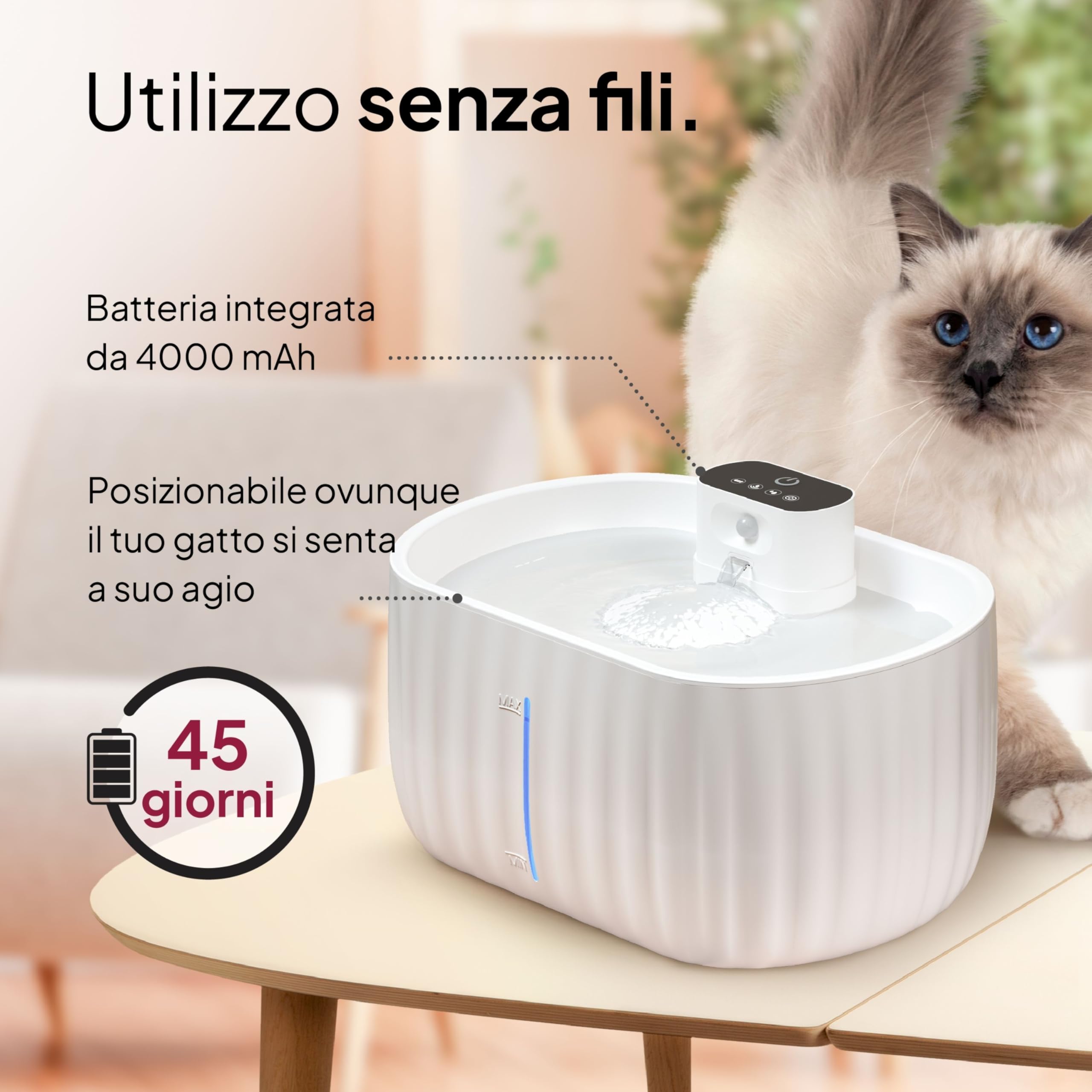 Pretty Paw Fontanella per Gatti Senza Fili 3L - con Sensore e Modalità Programmata, Acqua in Movimento per Stimolare a Bere, Struttura Leggera in ABS per Uso Domestico - Aqua Sense Pro (Bianco)