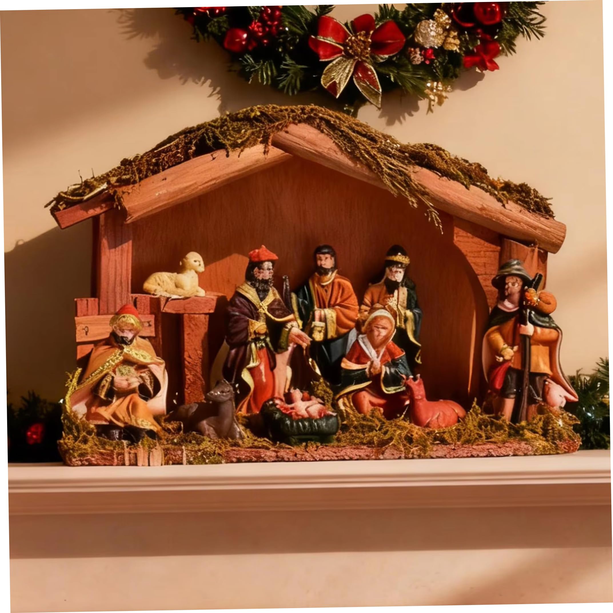 Statuine e presepi, statuine natalizie in resina con capanna in legno