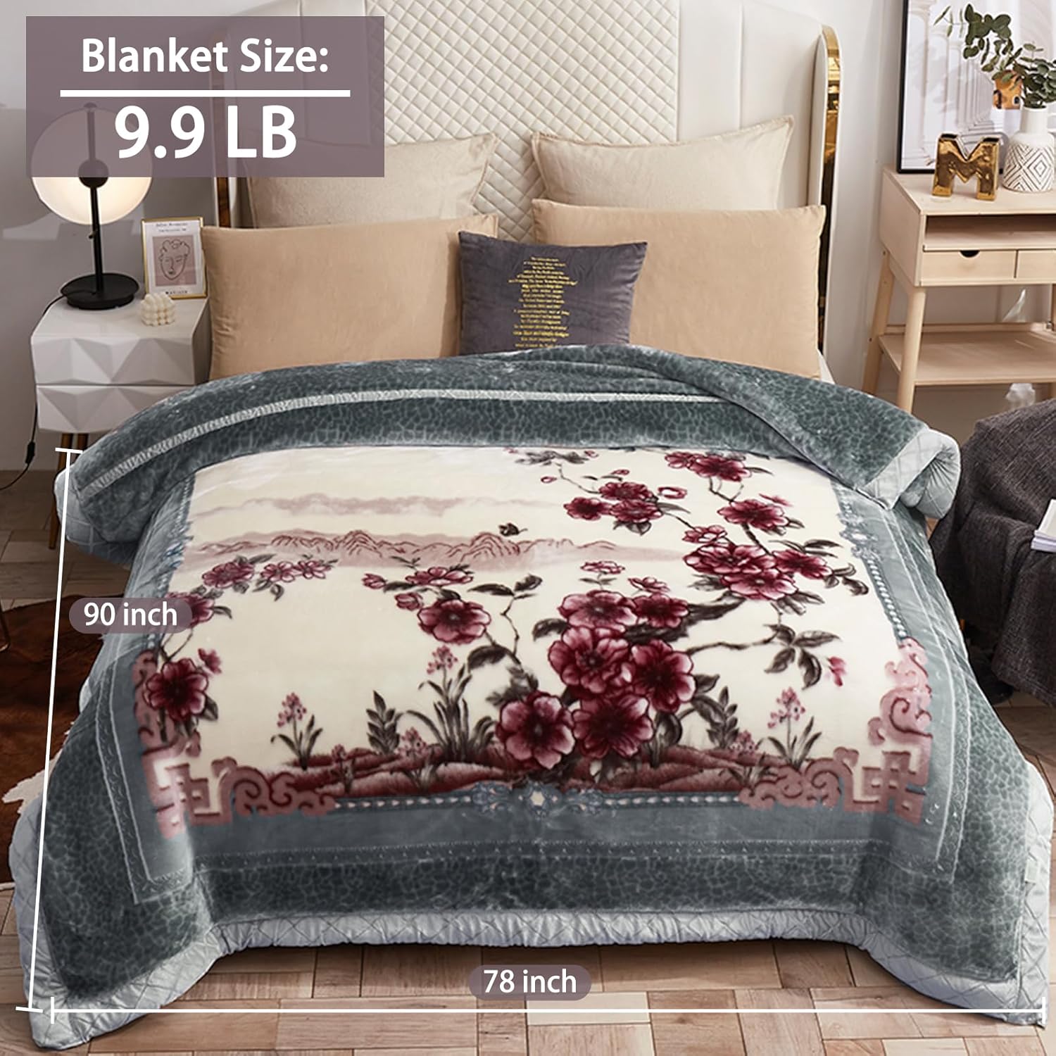 Heavy Korean Mink Blanket, 9.9 lbs Moutain Flower Queen Thick Winter Blanket 78x90 in Plush Double-Layer Soft Warm Blankets for Bed (Charred Timber+Cream)