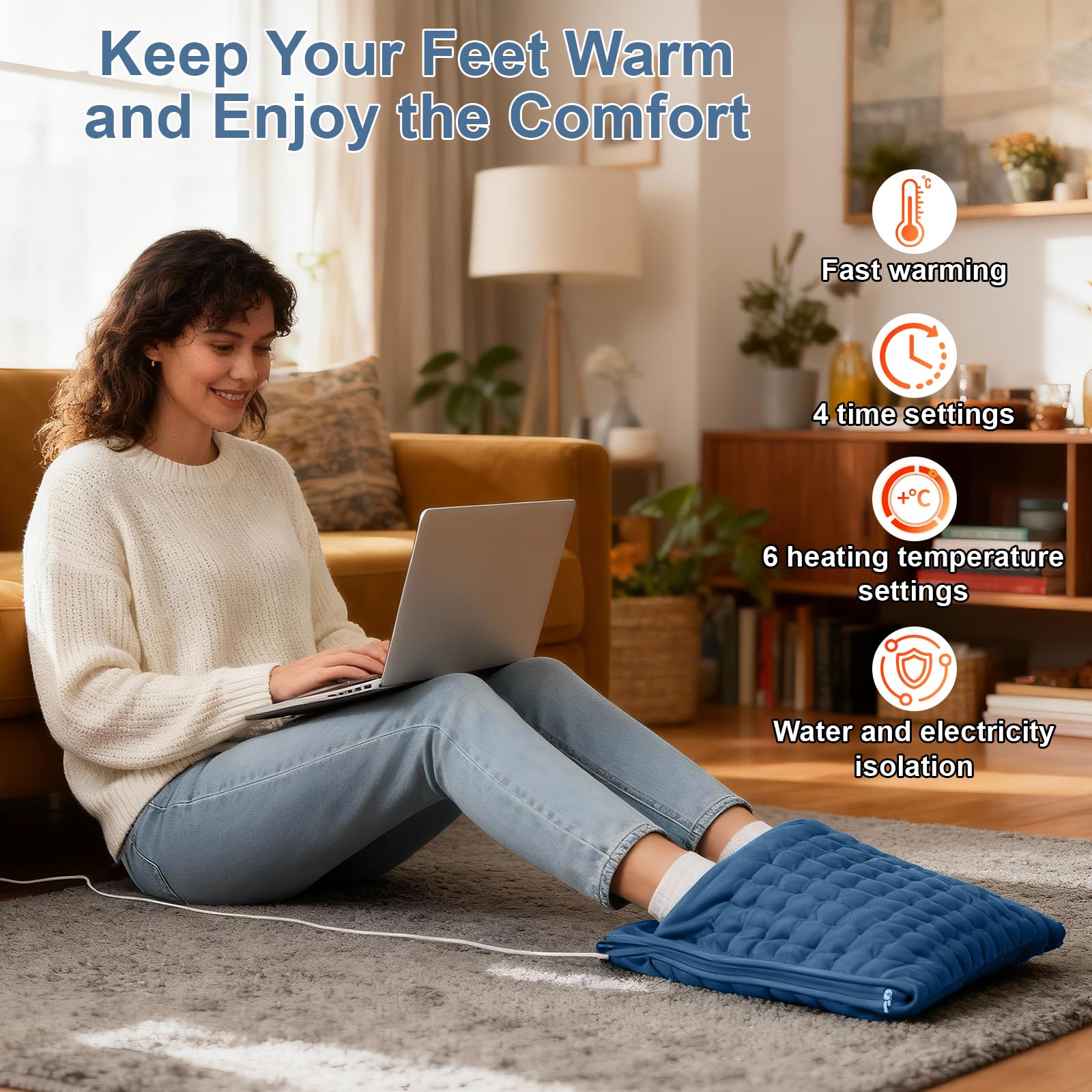 Scaldapiedi elettrico per donne, uomini e anziani, riscaldamento rapido per piedi con 6 impostazioni di calore e timer, cuscinetto riscaldante extra large lavabile,Cerniera blu navy 40x80 cm