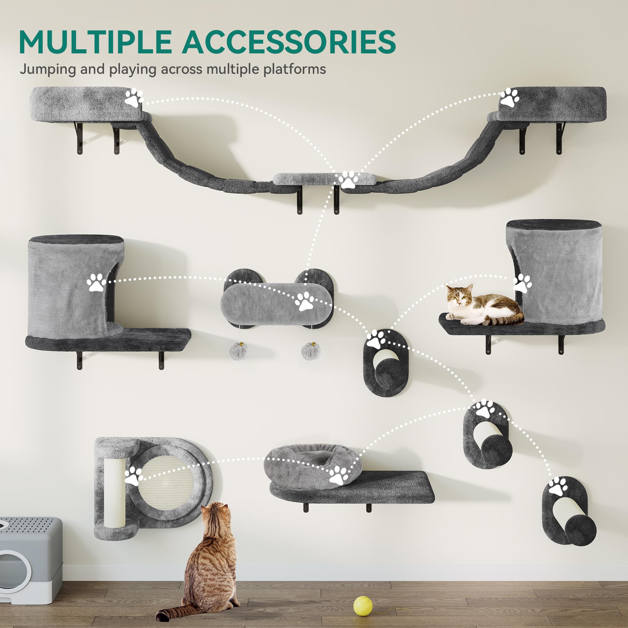 YITAHOME 11-Teiliges Stabiler Kletterwand Katzen Set aus Flanell, Katzenmöbel mit Katzenhaus, Katzenkratzbrett, Katzenhängebrücke, Katzenbett, Sisalsäule für Katze Schlafen Spielen Lounging