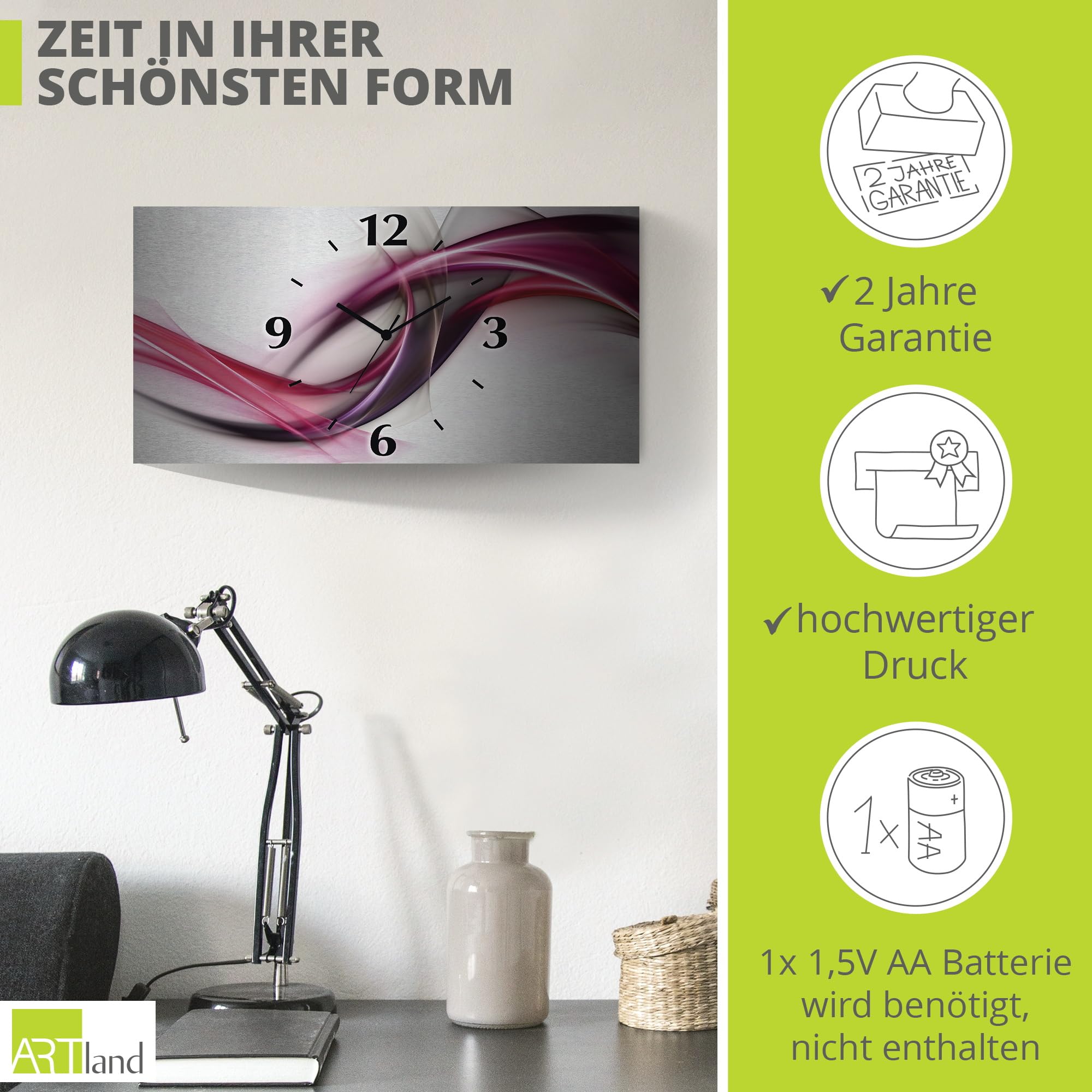 ARTLAND Wanddeko Wanduhr ohne Tickgeräusche Alu Quarzuhr 60x30 cm Eckig Lautlos 3D Design Welle Abstrakt Modern Ausgefallen S8UL