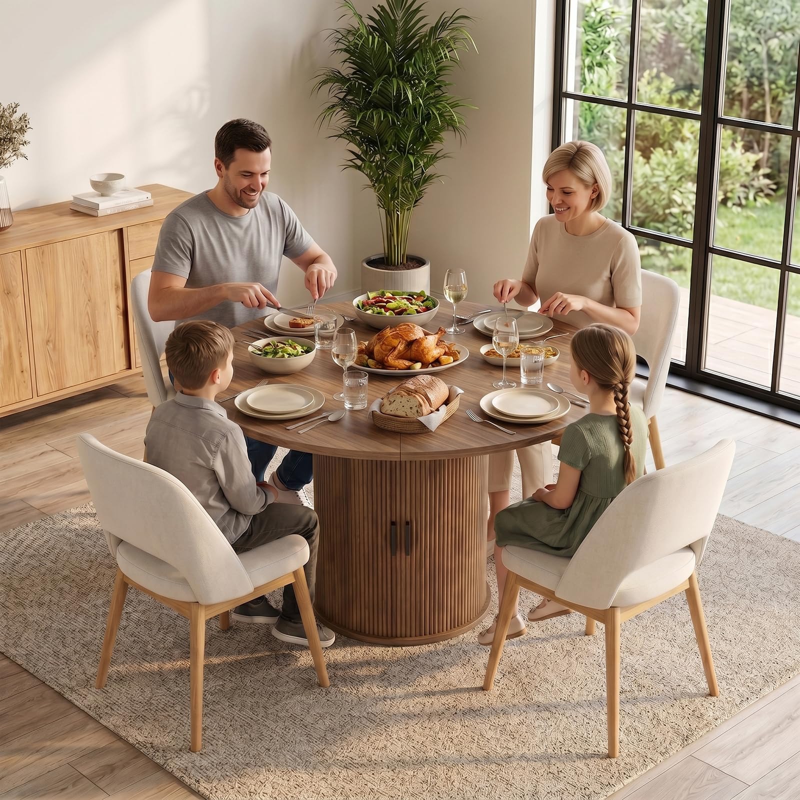 Tavolo da pranzo allungabile, rotondo, con spazio per riporre oggetti | Moderno tavolo da pranzo con base cilindrica, in legno, per 4-6 persone, marrone noce (solo tavolo)