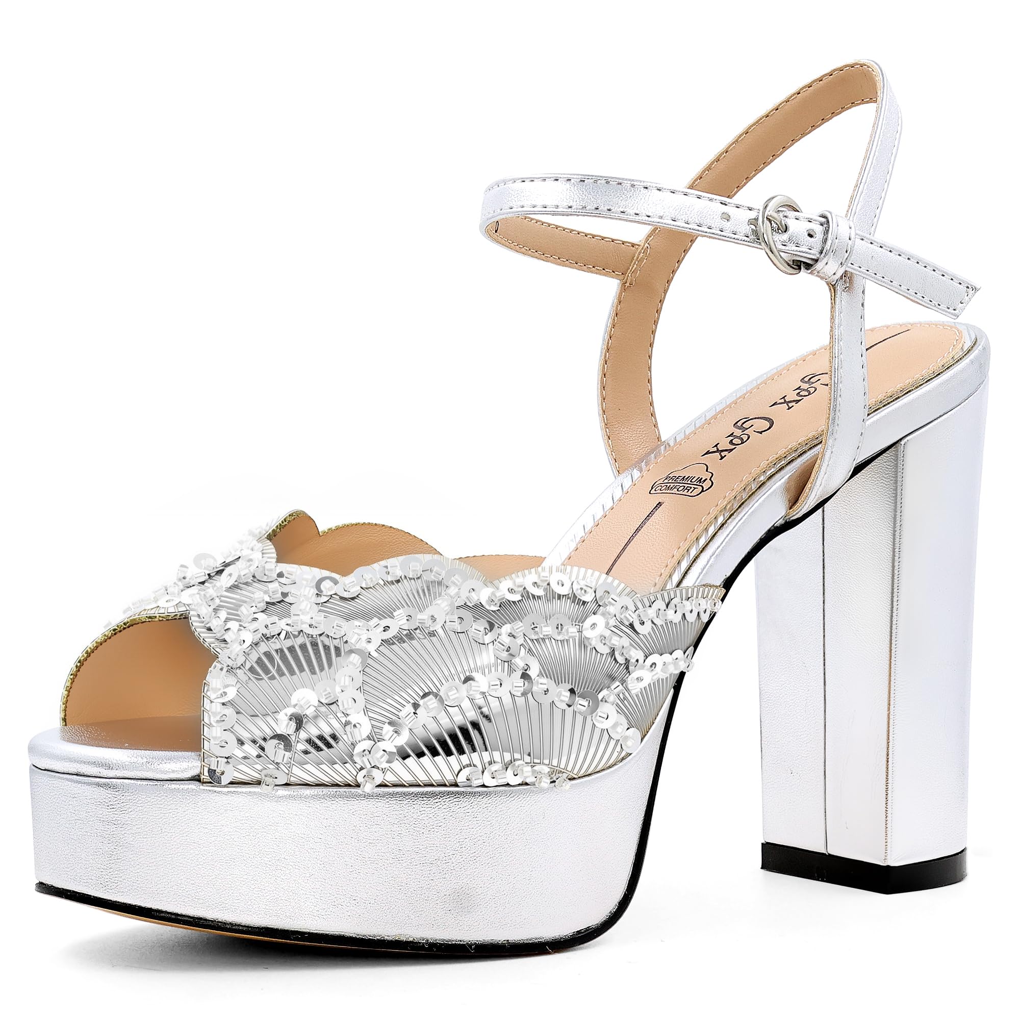 Photo 1 of GPXGPX Sparkly Women's Sandals Chunky High Heeled Fish Mouth Open Toe Platform Silver Heels Ankle Strap Dressy Weddings Sexy Sandals Shoes 6.5