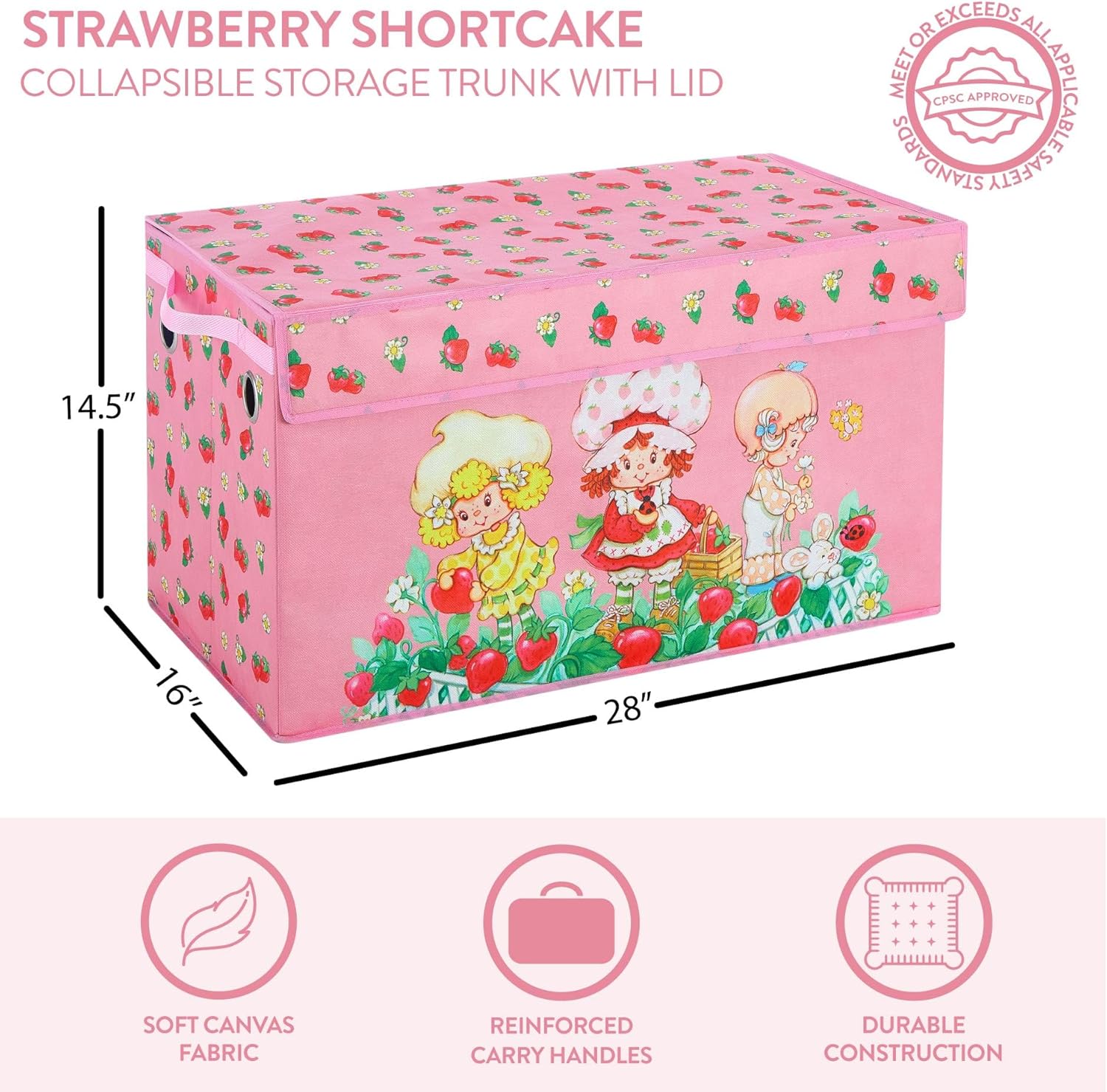 Strawberry Shortcake Collapsible Storage Trunk with Lid,Large Durable Kids Toy Box Organizer for Bedroom &Playroom,28.5"x14.5"x16"