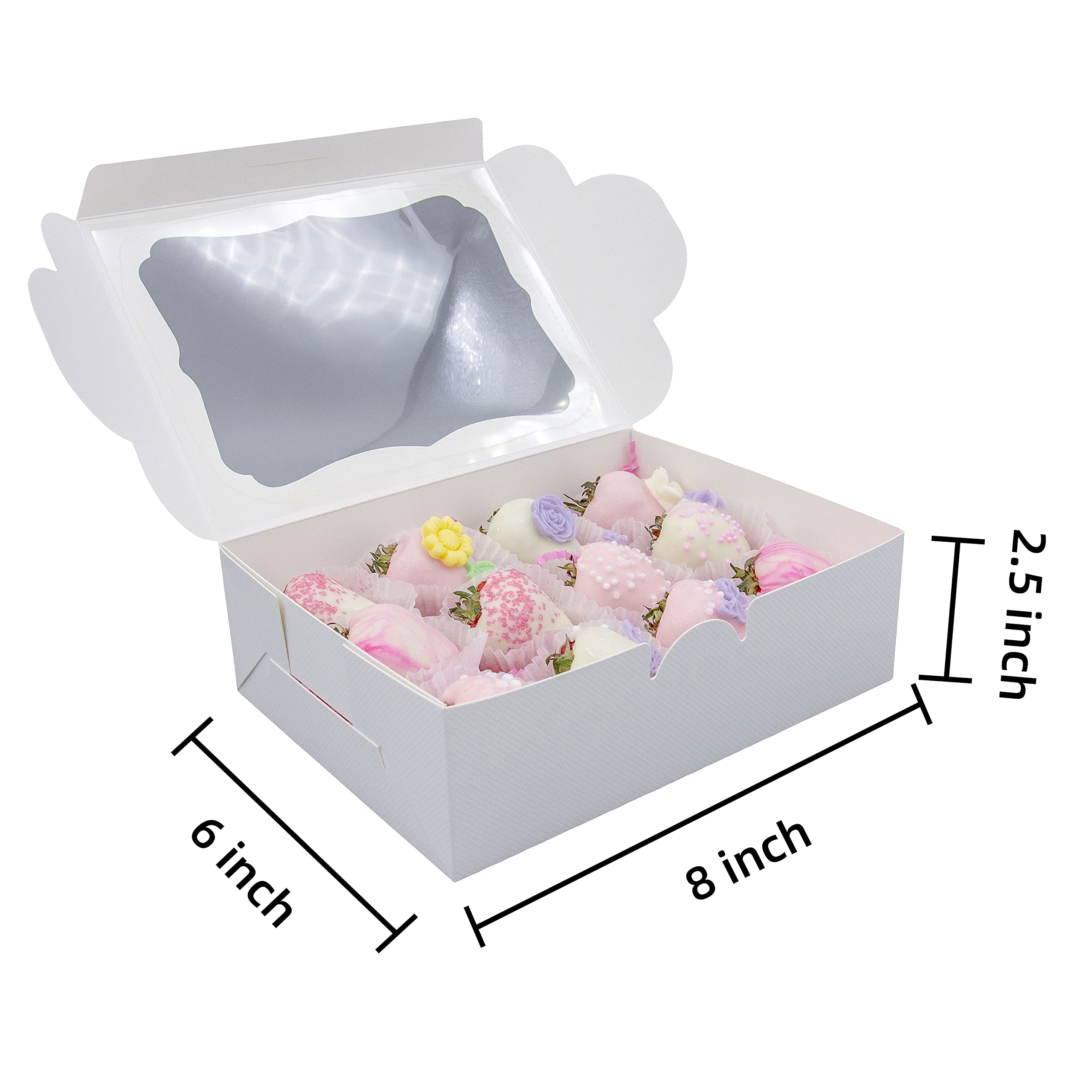 QULIT 50 cajas de panadería blancas de 8 x 6 x 2.5 pulgadas con ventana, cajas de pastelería, cajas de postre para galletas, macarrón, dona, magdalenas de chocolate, fresa y cupcakes