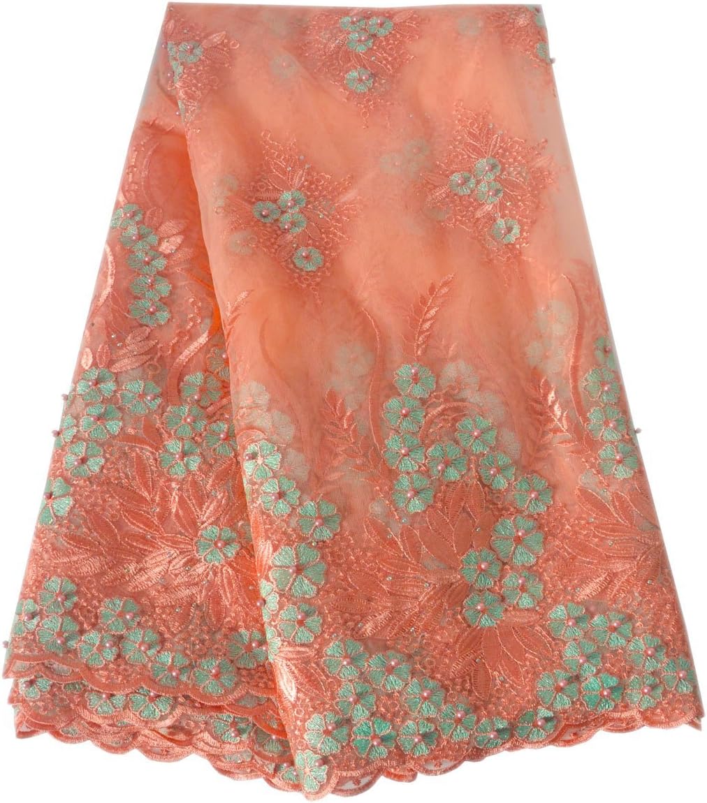 5 Yards African Lace Fabric Nigerian French Mesh Tulle Lace Fabrics Material Embroidery and Rhinestones Trim for Party Wedding Dress Skirt (Orange)