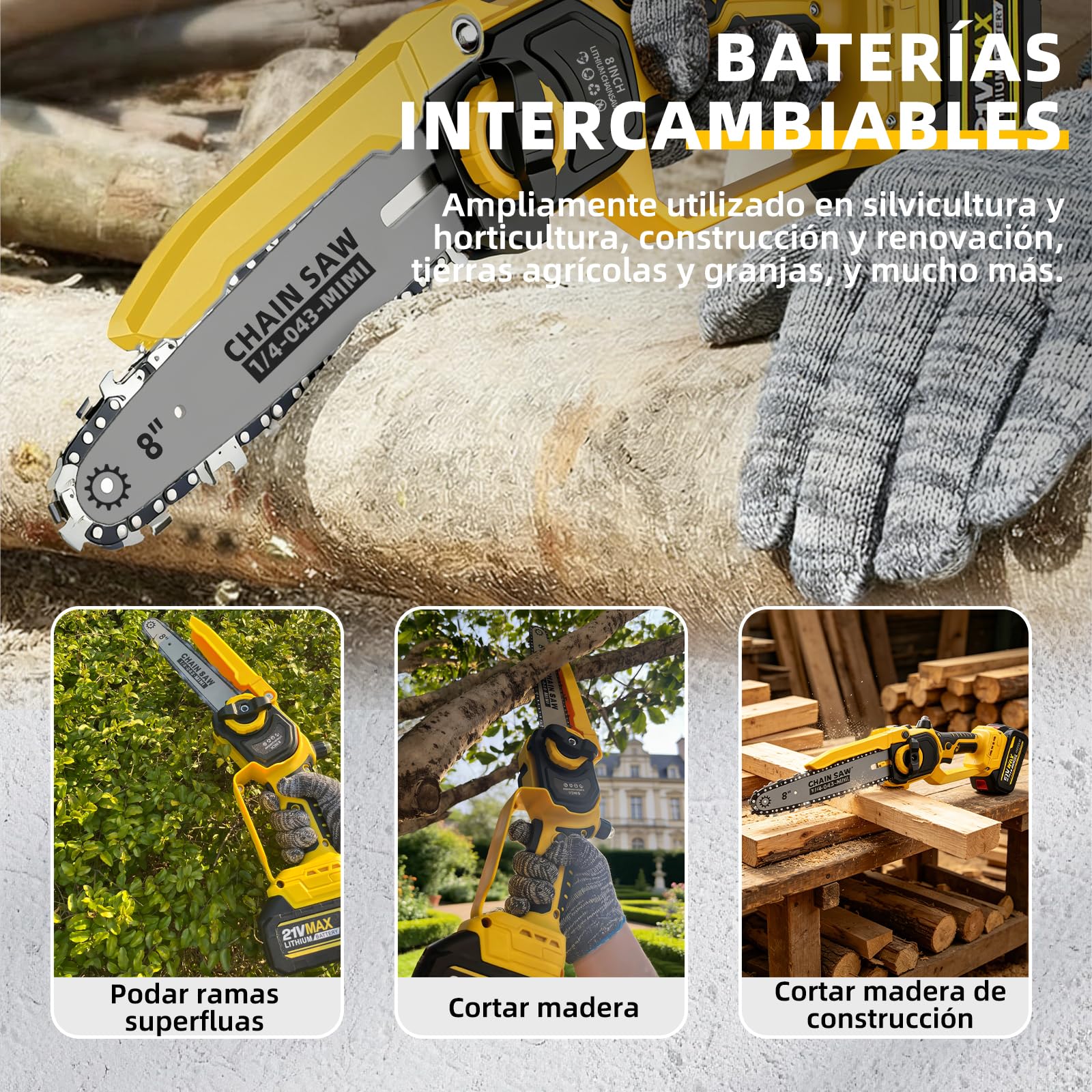 Mini motosierra inalámbrica 8" y 6", engrase automático, cadena repuesto, motor brushless 1200W, 2 baterías 4000mAh – Poda, jardín y corte madera