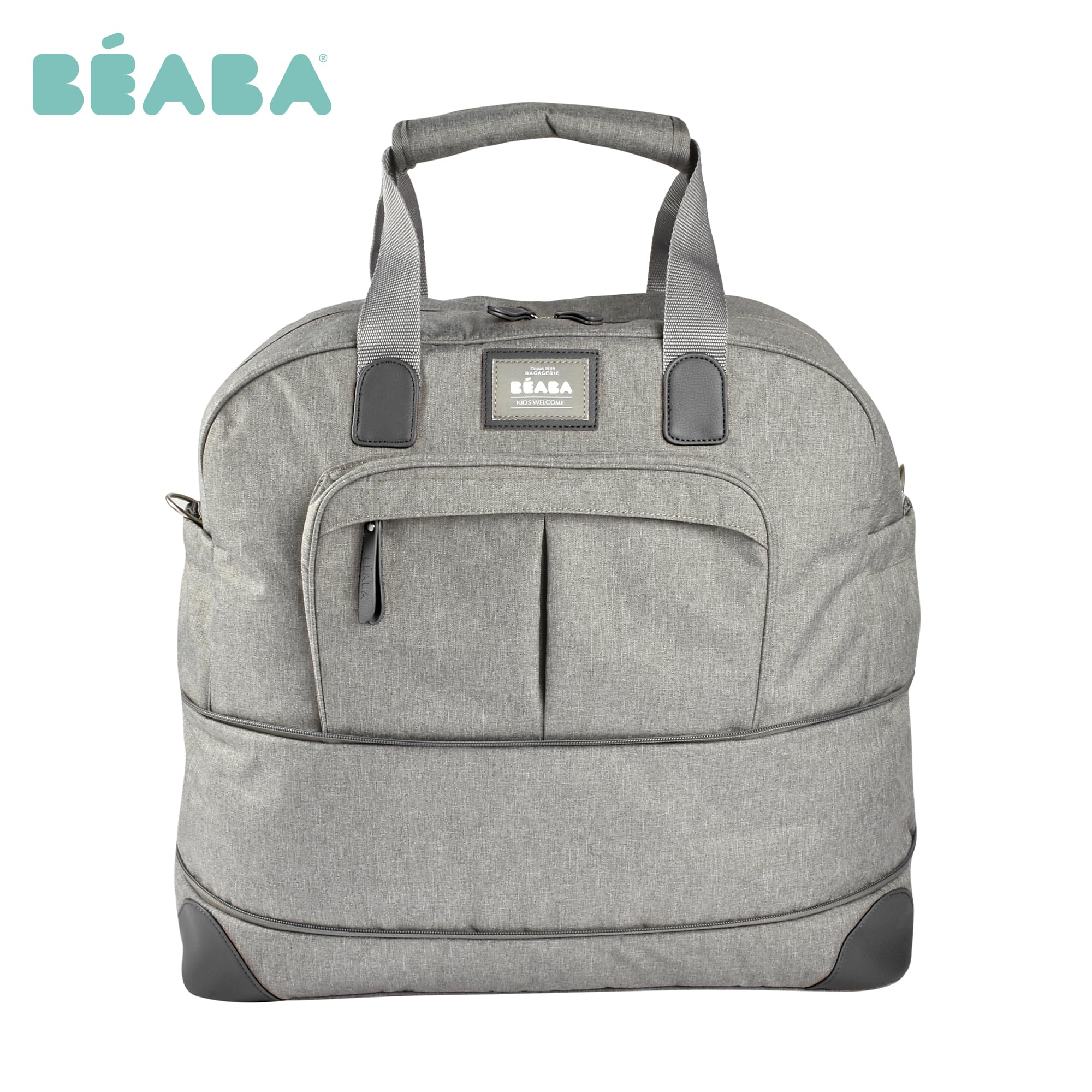 BÉABA, Sac à Langer Amsterdam II, Sac Voyage XXL 50L, Bandoulières Amovibles, Trousse de Toilettes, Matelas à Langer, Sac à Linge Sale, Multiples rangements, Gris Chiné