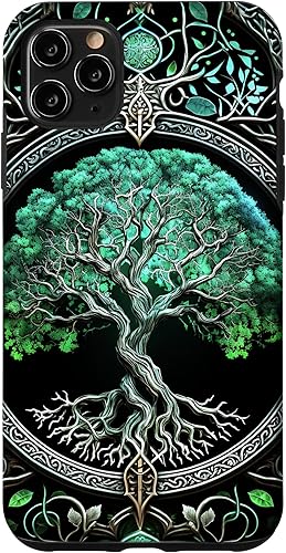 Funda para iPhone 11 Pro Max Tree Of Life Yoga espiritual celta vikinga, verde y negro