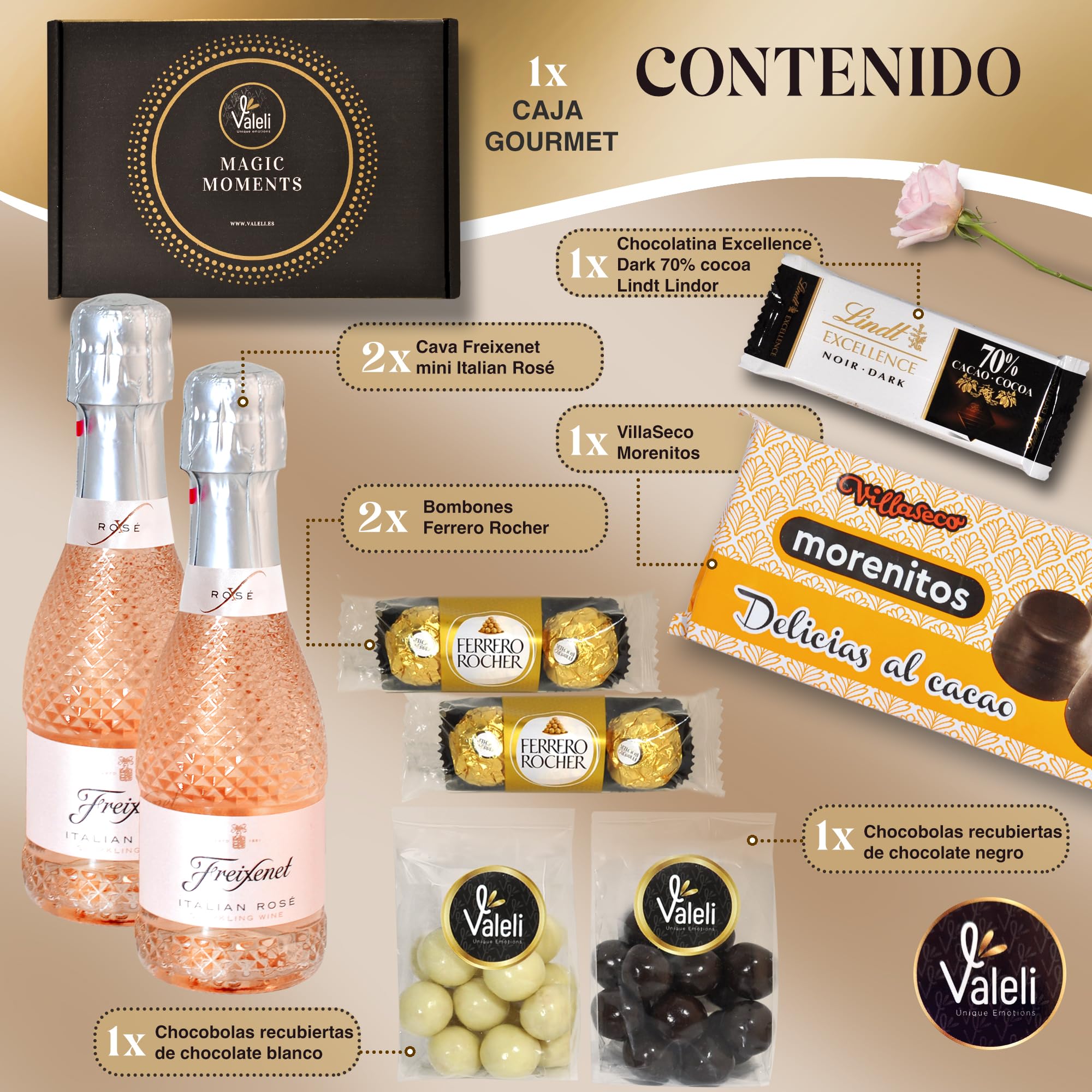 Valeli, Regalo original dia de la madre bombones Ferrero Rocher, chocolate,cava.Regalo original Navidad,San Valentín, Cumpleaños.Cesta delicatessen Estuche gourmet para regalar(ITALIAN ROSÉ)