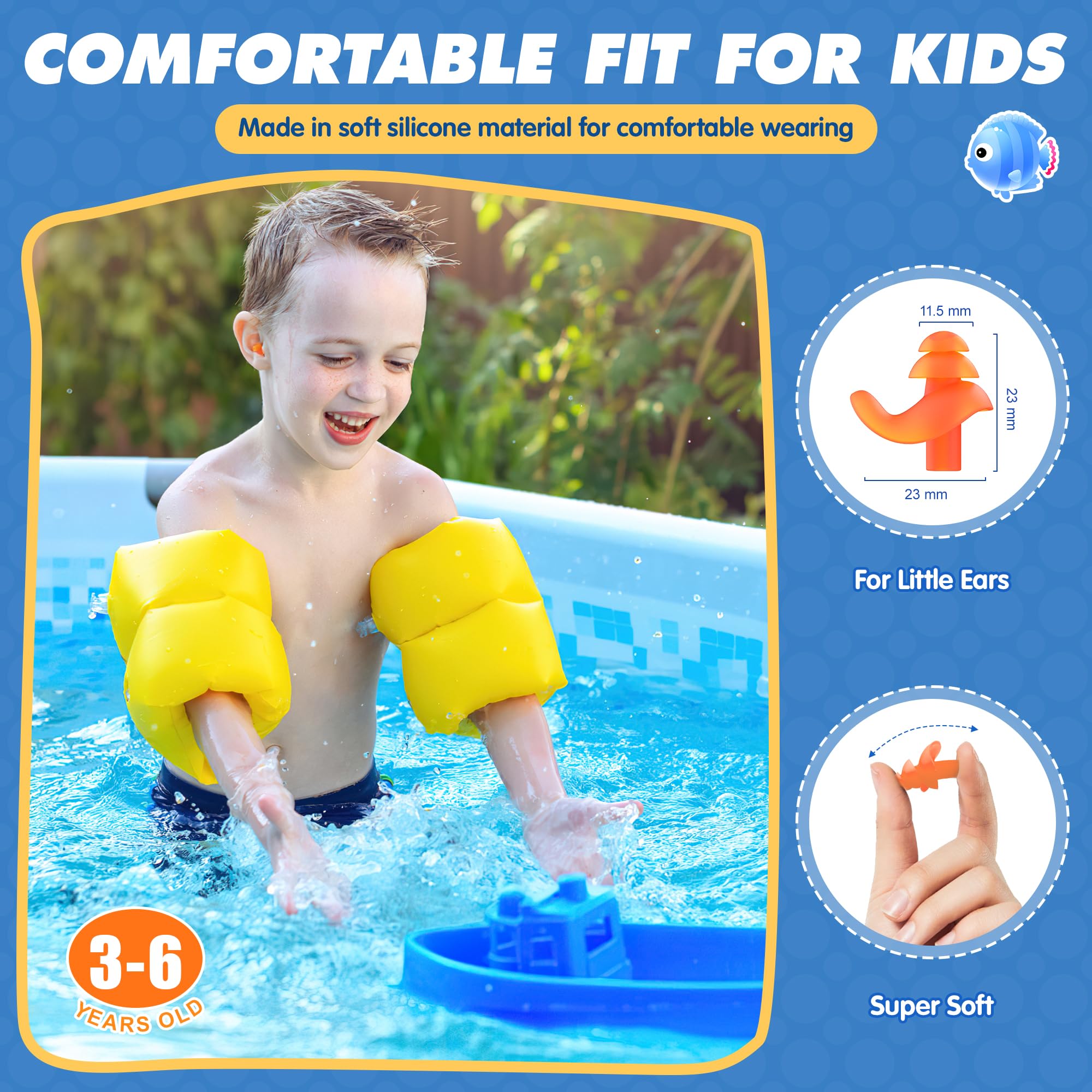 Hearprotek Tapones para los Oídos Natación 2 Pares Silicona Reutilizables a Prueba de Agua Nadadores Duchas Deportes Acuáticos Tamaño Niños Azul Naranja