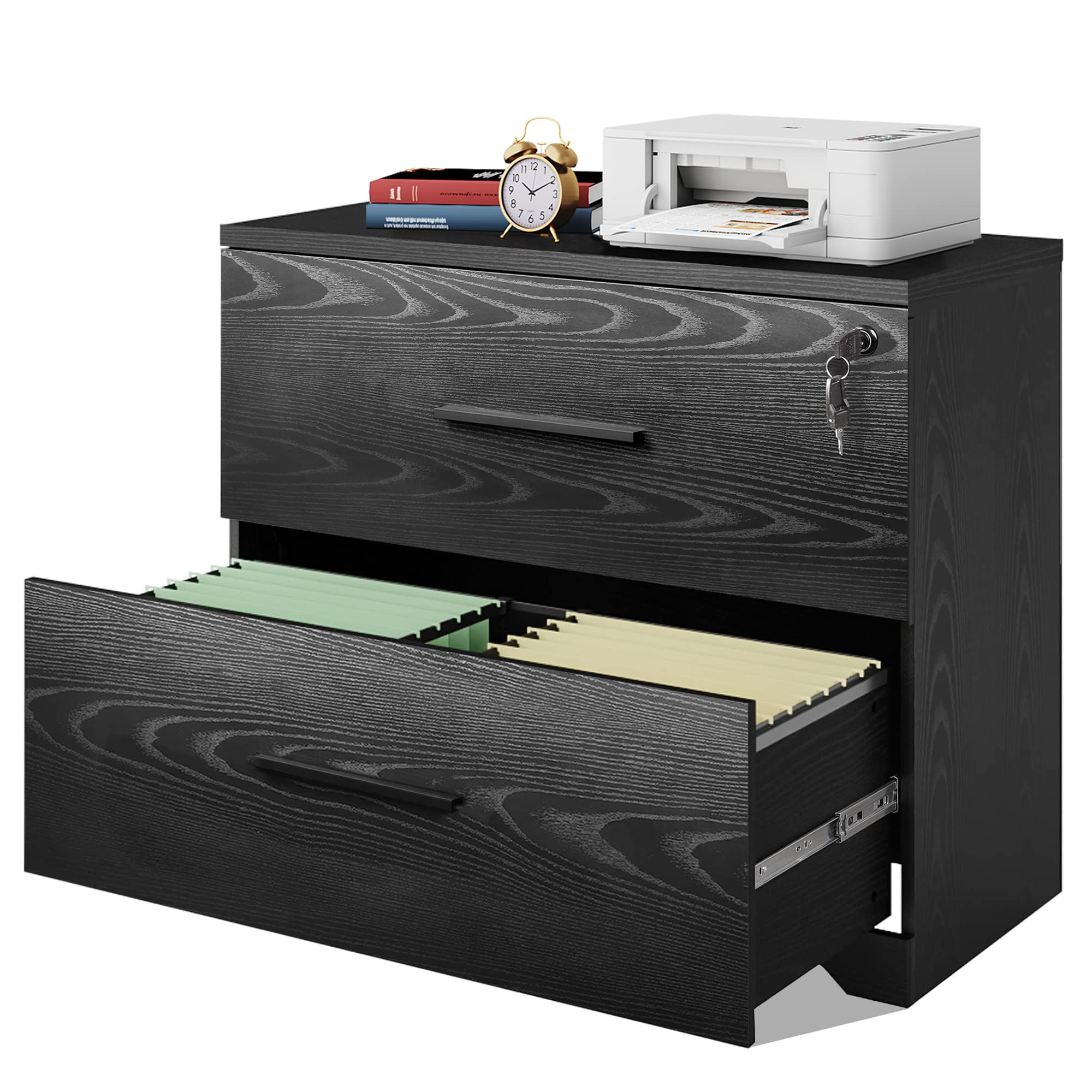 Photo 1 of DEVAISE 2-Drawer Wood Lateral File Cabinet with Lock for Home Office, Black Black File Cabinet with Lock
