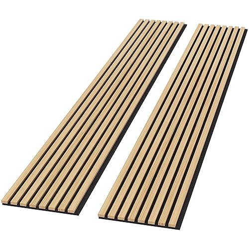 Paneles de pared de madera acústica, paquete de 2 paneles de pared insonorizados de 94.49 x 12.6 pulgadas, paneles de pared de listones de madera